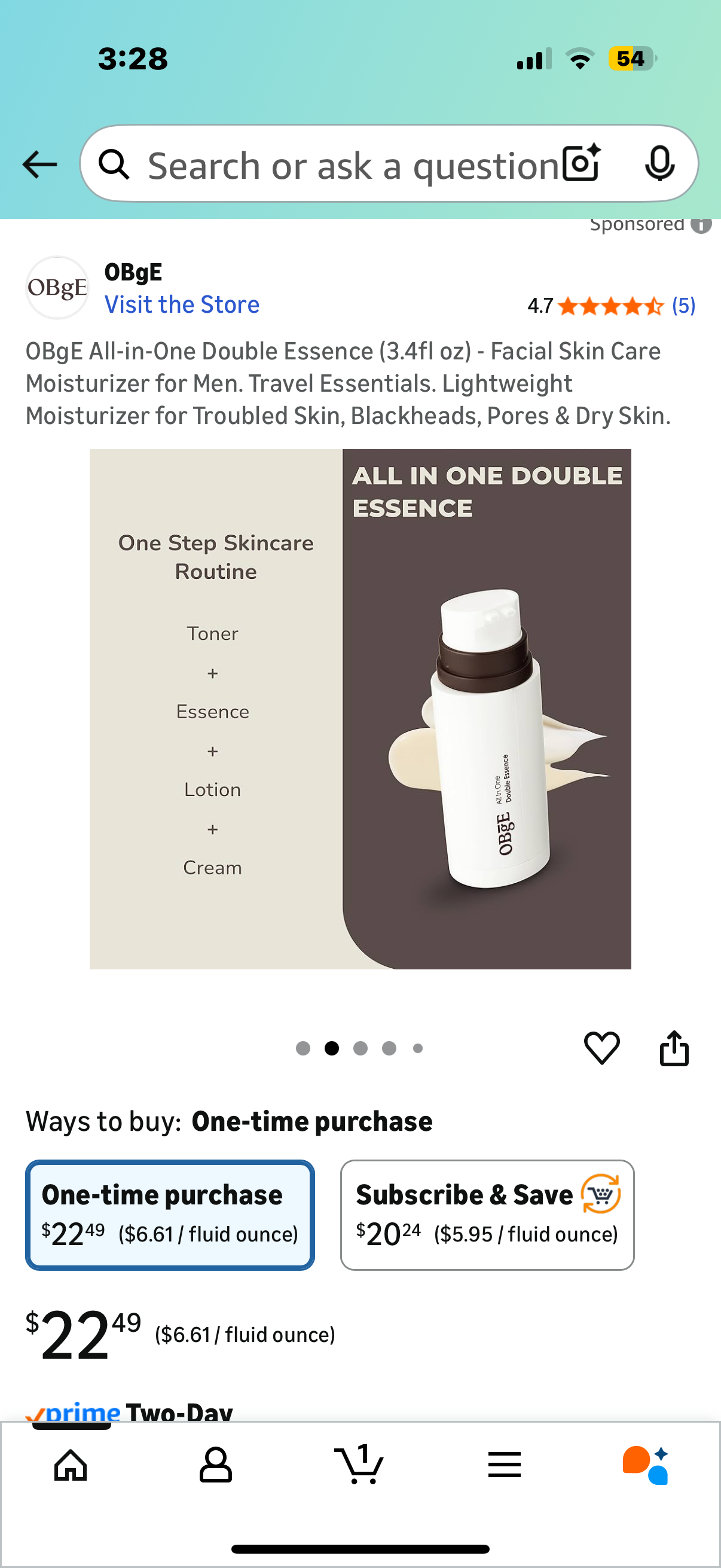 OBgE All-in-One Double Essence (3.4fl oz) - Facial Skin Care Moisturizer for Men. Travel Essentials. Lightweight Moisturizer for Troubled Skin, Blackheads, Pores & Dry Skin