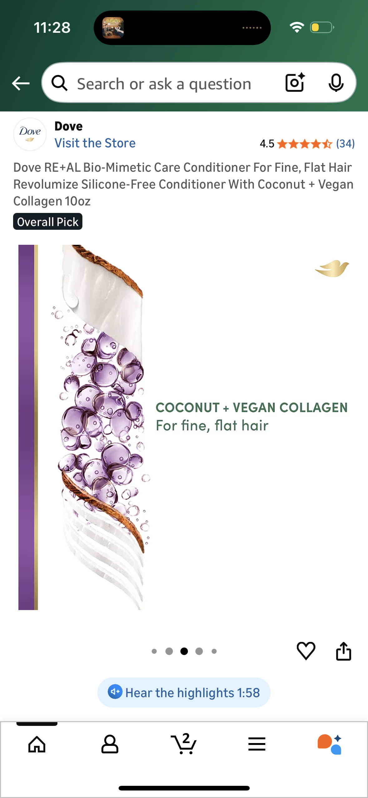 Dove RE+AL Bio-Mimetic Care Conditioner For Fine, Flat Hair Revolumize Silicone-Free Conditioner With Coconut + Vegan Collagen 10oz