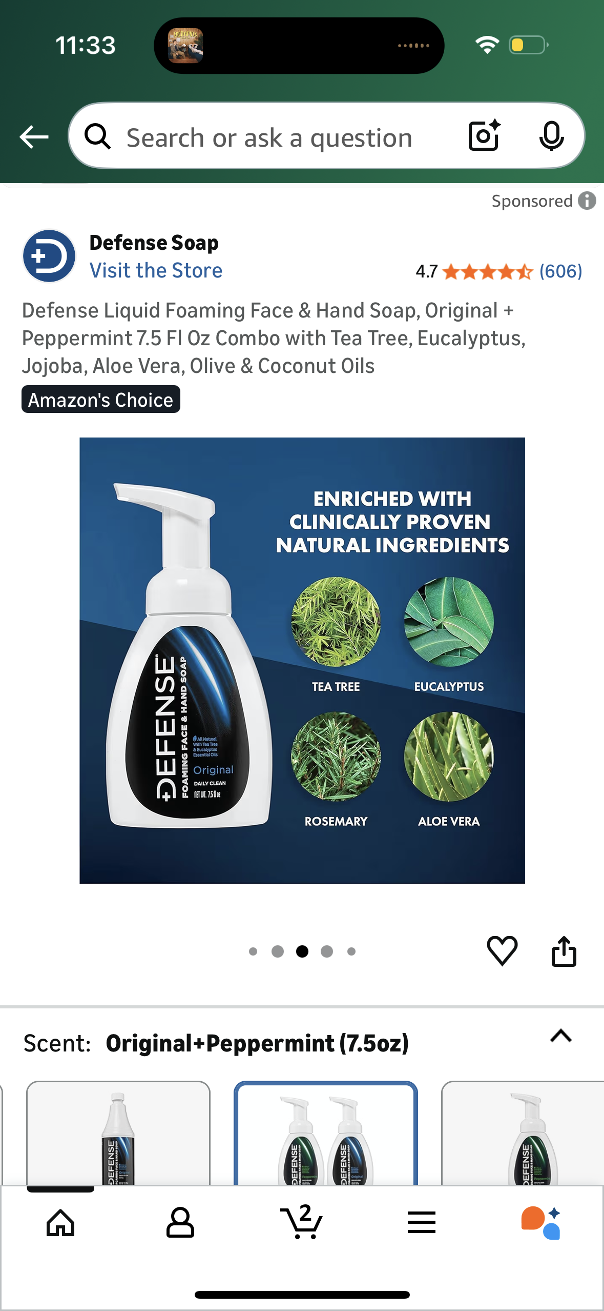 Defense Liquid Foaming Face & Hand Soap, Original + Peppermint 7.5 Fl Oz Combo with Tea Tree, Eucalyptus, Jojoba, Aloe Vera, Olive & Coconut Oils