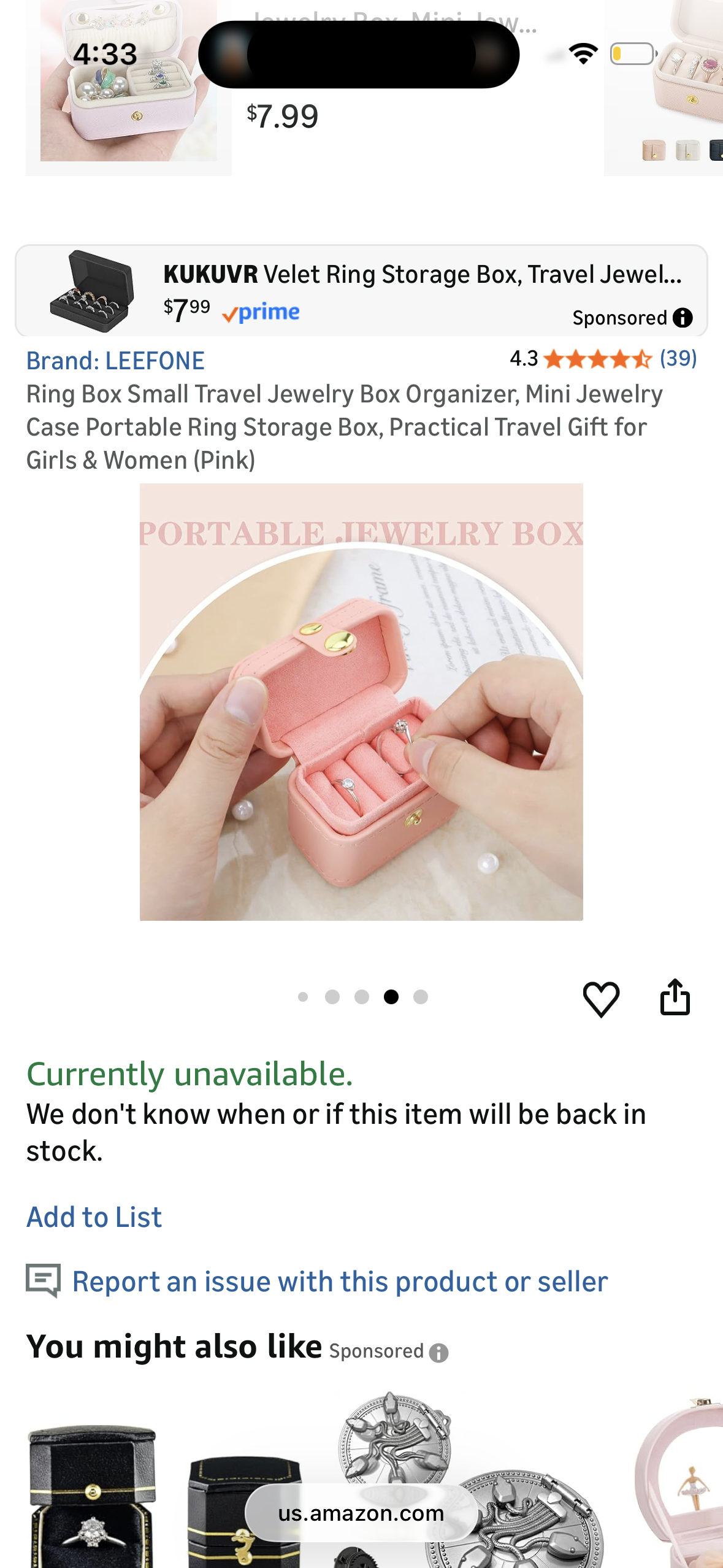 Ring Box Small Travel Jewelry Box Organizer, Mini Jewelry Case Portable Ring Storage Box, Practical Travel Gift for Girls & Women (Pink)