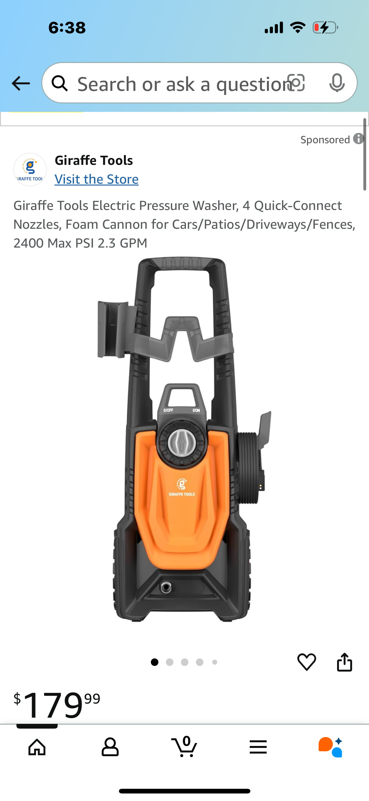 Giraffe Tools Electric Pressure Washer, 4 Quick-Connect Nozzles, Foam Cannon for Cars/Patios/Driveways/Fences, 2400 Max PSI 2.3 GPM