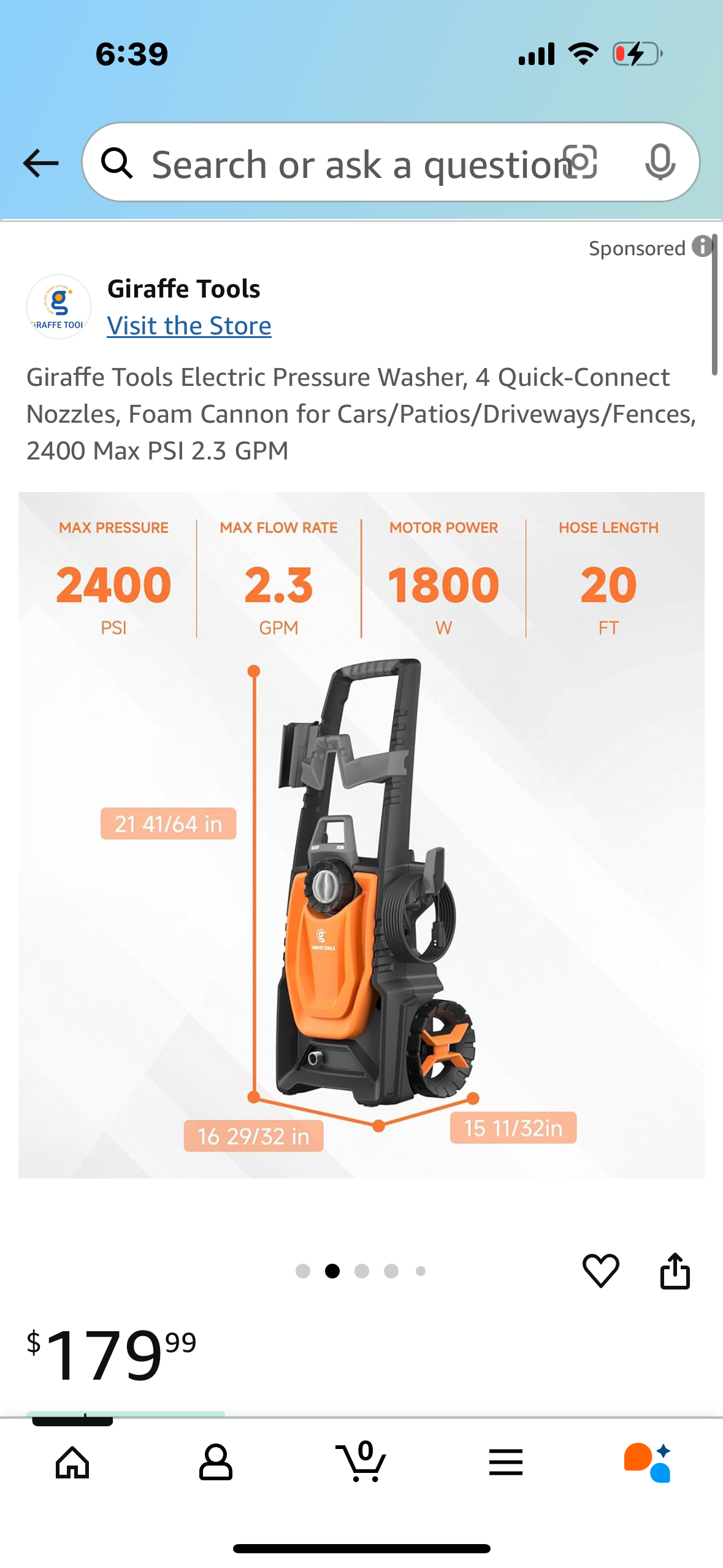 Giraffe Tools Electric Pressure Washer, 4 Quick-Connect Nozzles, Foam Cannon for Cars/Patios/Driveways/Fences, 2400 Max PSI 2.3 GPM