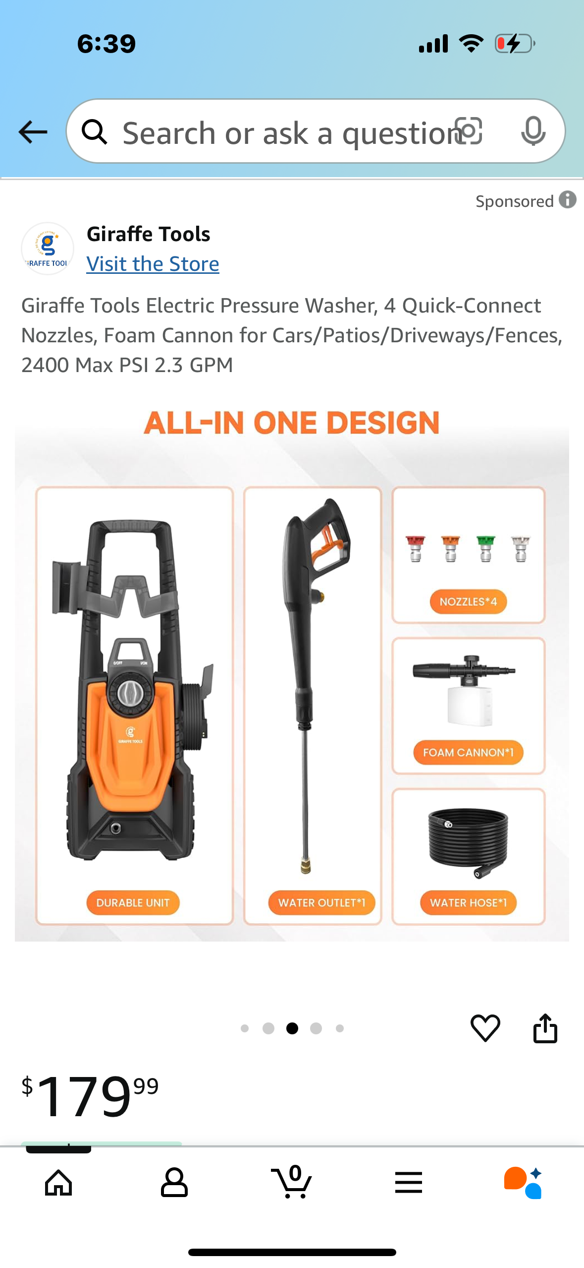 Giraffe Tools Electric Pressure Washer, 4 Quick-Connect Nozzles, Foam Cannon for Cars/Patios/Driveways/Fences, 2400 Max PSI 2.3 GPM