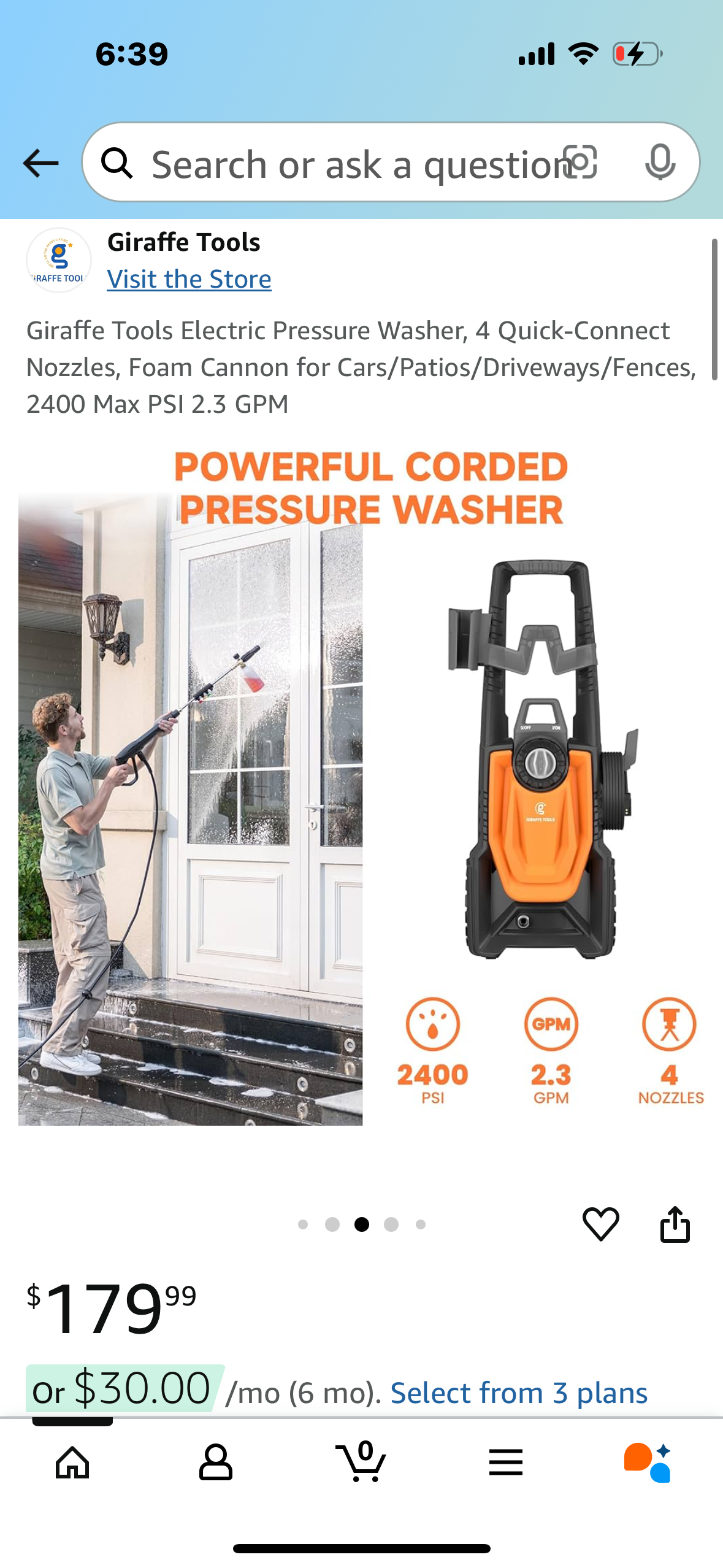 Giraffe Tools Electric Pressure Washer, 4 Quick-Connect Nozzles, Foam Cannon for Cars/Patios/Driveways/Fences, 2400 Max PSI 2.3 GPM