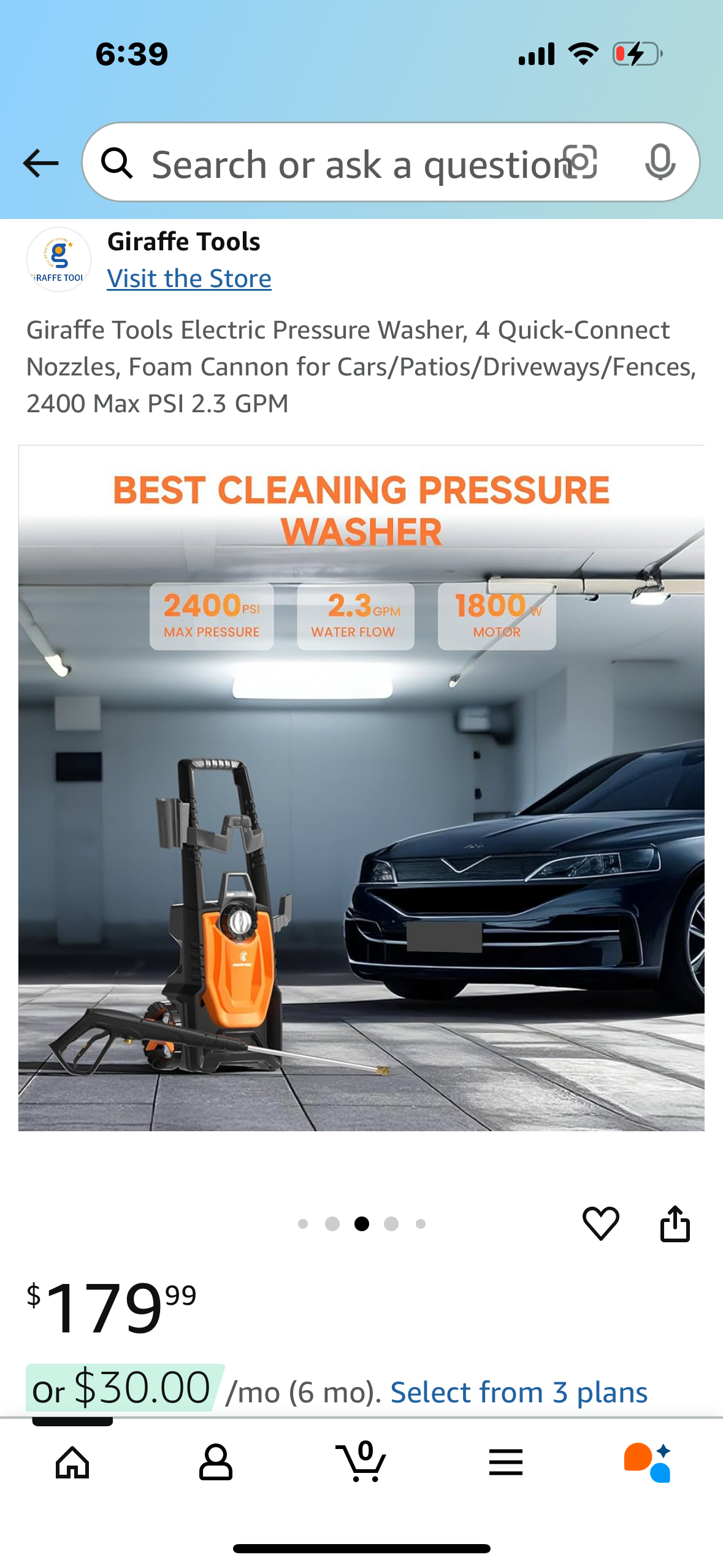 Giraffe Tools Electric Pressure Washer, 4 Quick-Connect Nozzles, Foam Cannon for Cars/Patios/Driveways/Fences, 2400 Max PSI 2.3 GPM