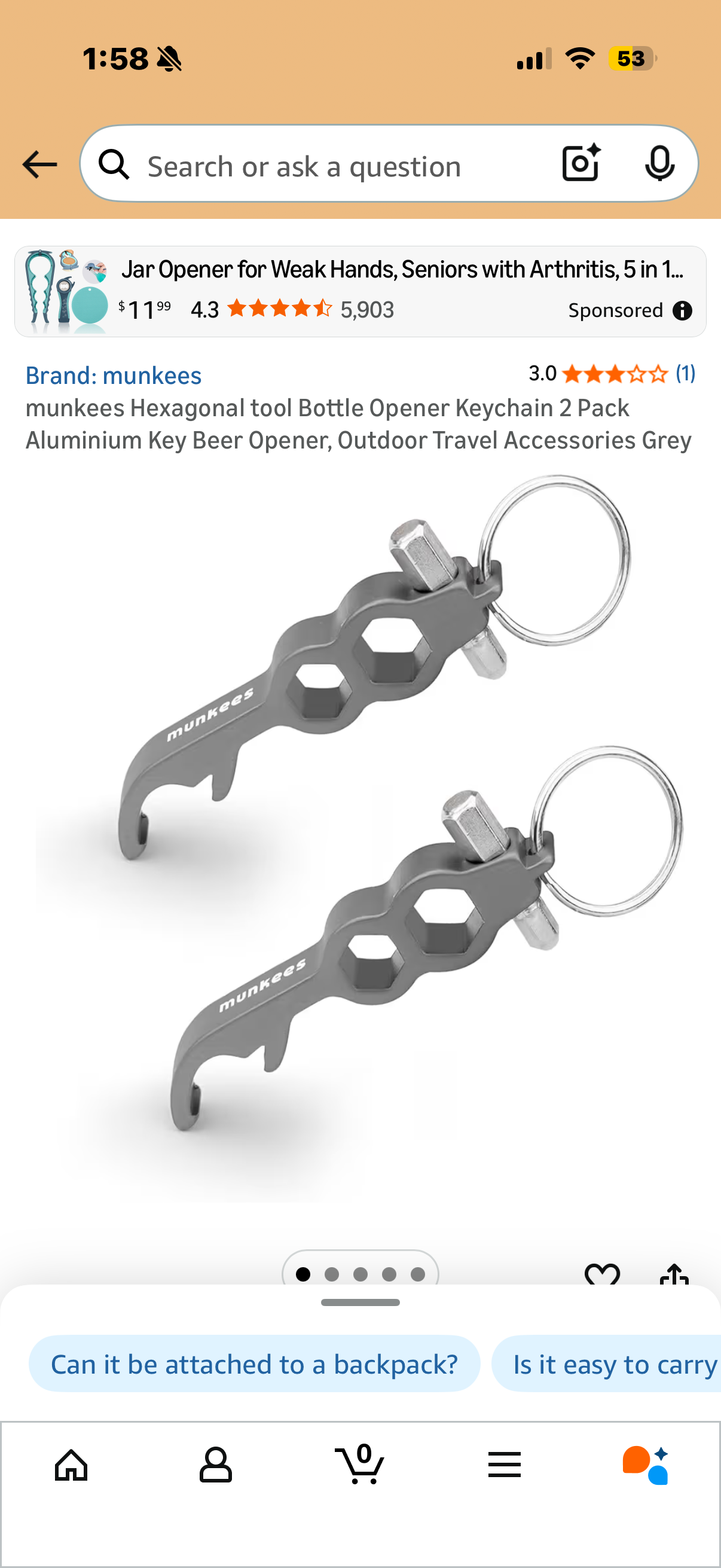 munkees Hexagonal tool Bottle Opener Keychain 2 Pack Aluminium Key Beer Opener, Outdoor Travel Accessories Grey