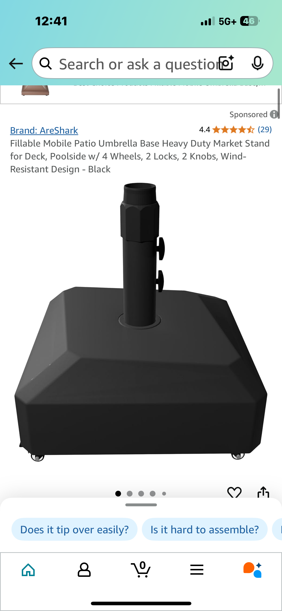 Fillable Mobile Patio Umbrella Base Heavy Duty Market Stand for Deck, Poolside w/ 4 Wheels, 2 Locks, 2 Knobs, Wind-Resistant Design - Black