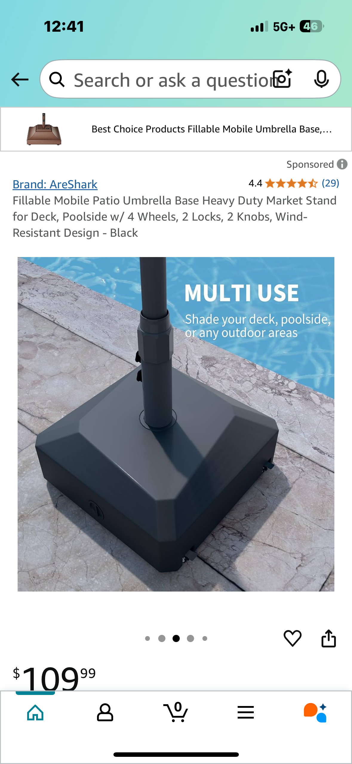 Fillable Mobile Patio Umbrella Base Heavy Duty Market Stand for Deck, Poolside w/ 4 Wheels, 2 Locks, 2 Knobs, Wind-Resistant Design - Black