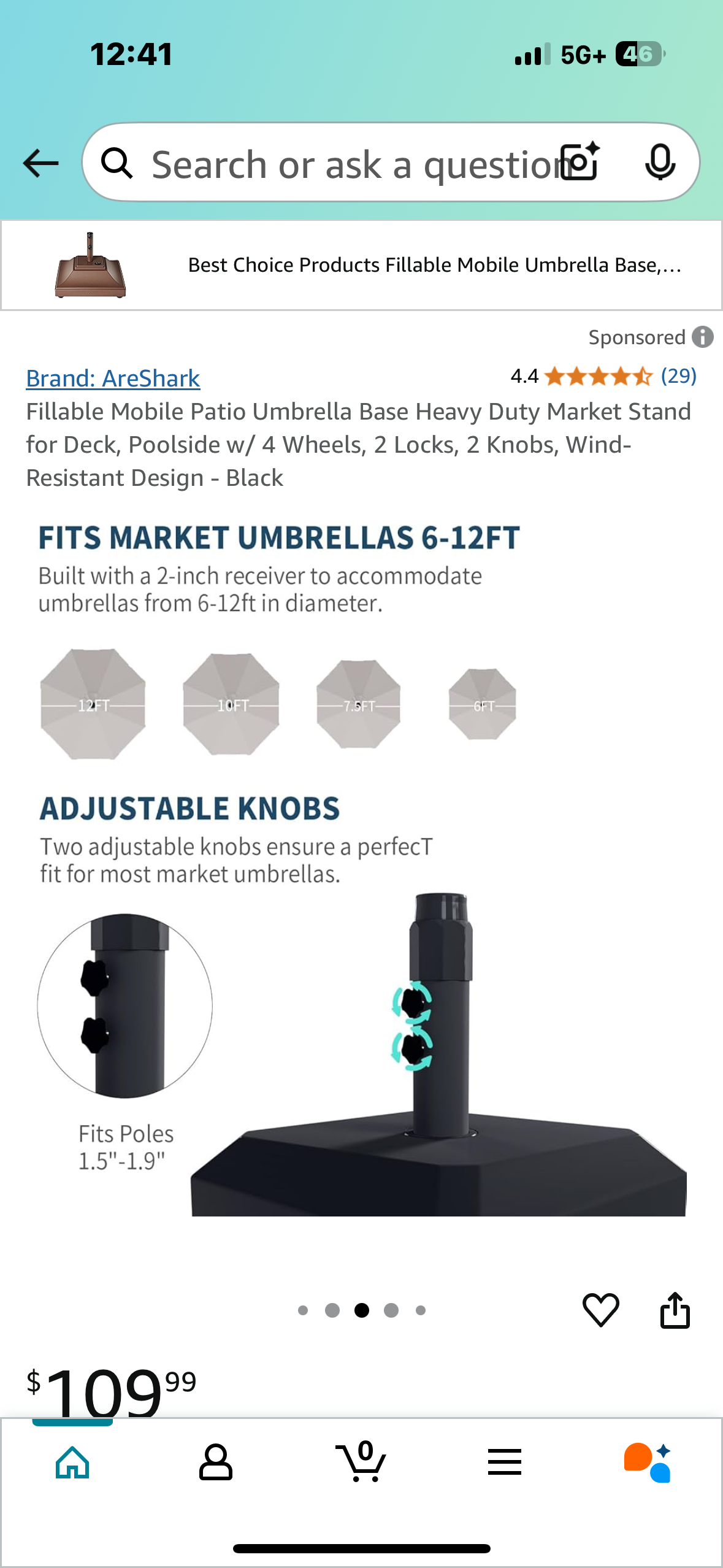 Fillable Mobile Patio Umbrella Base Heavy Duty Market Stand for Deck, Poolside w/ 4 Wheels, 2 Locks, 2 Knobs, Wind-Resistant Design - Black
