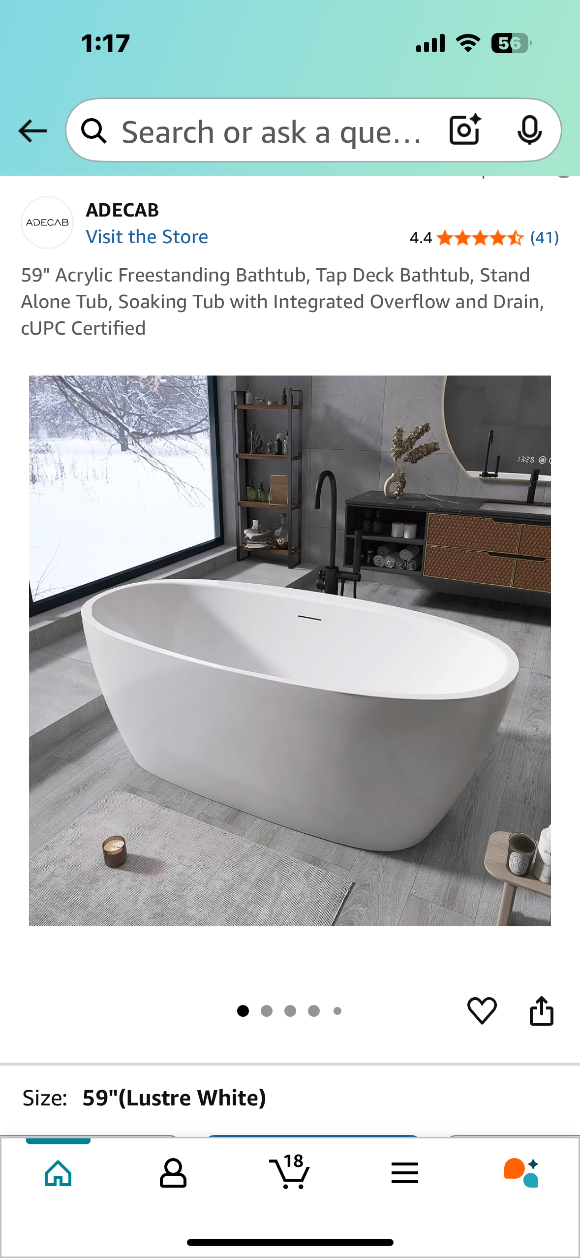 59" Acrylic Freestanding Bathtub, Tap Deck Bathtub, Soaking Tub with Integrated Overflow and Drain, CUPC Certified (R605)