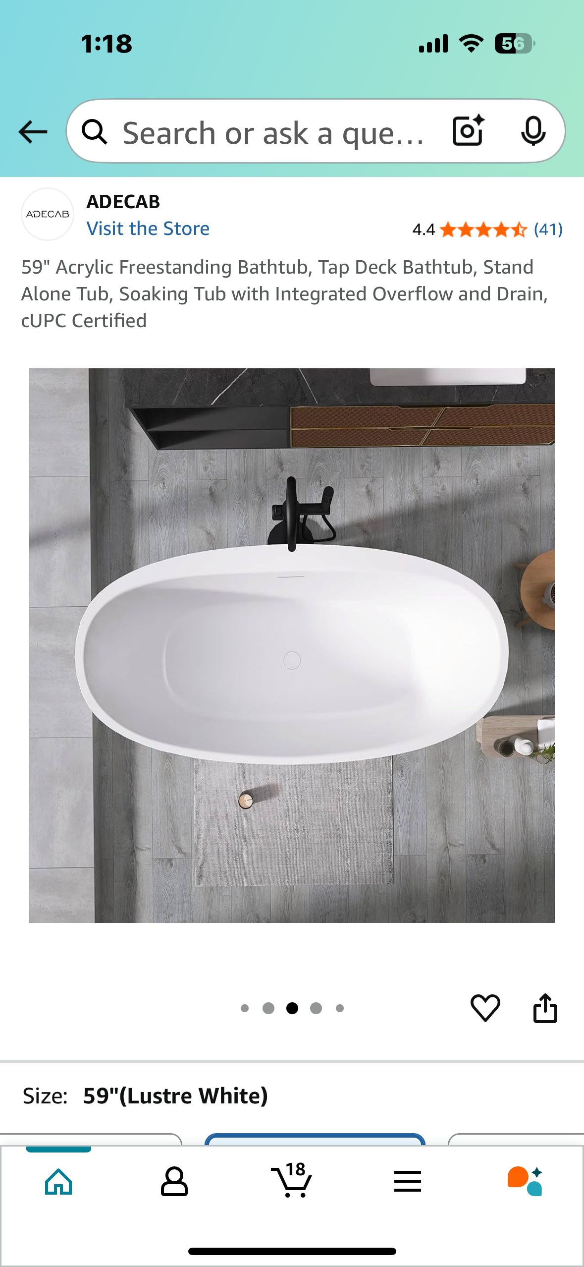 59" Acrylic Freestanding Bathtub, Tap Deck Bathtub, Soaking Tub with Integrated Overflow and Drain, CUPC Certified (R605)