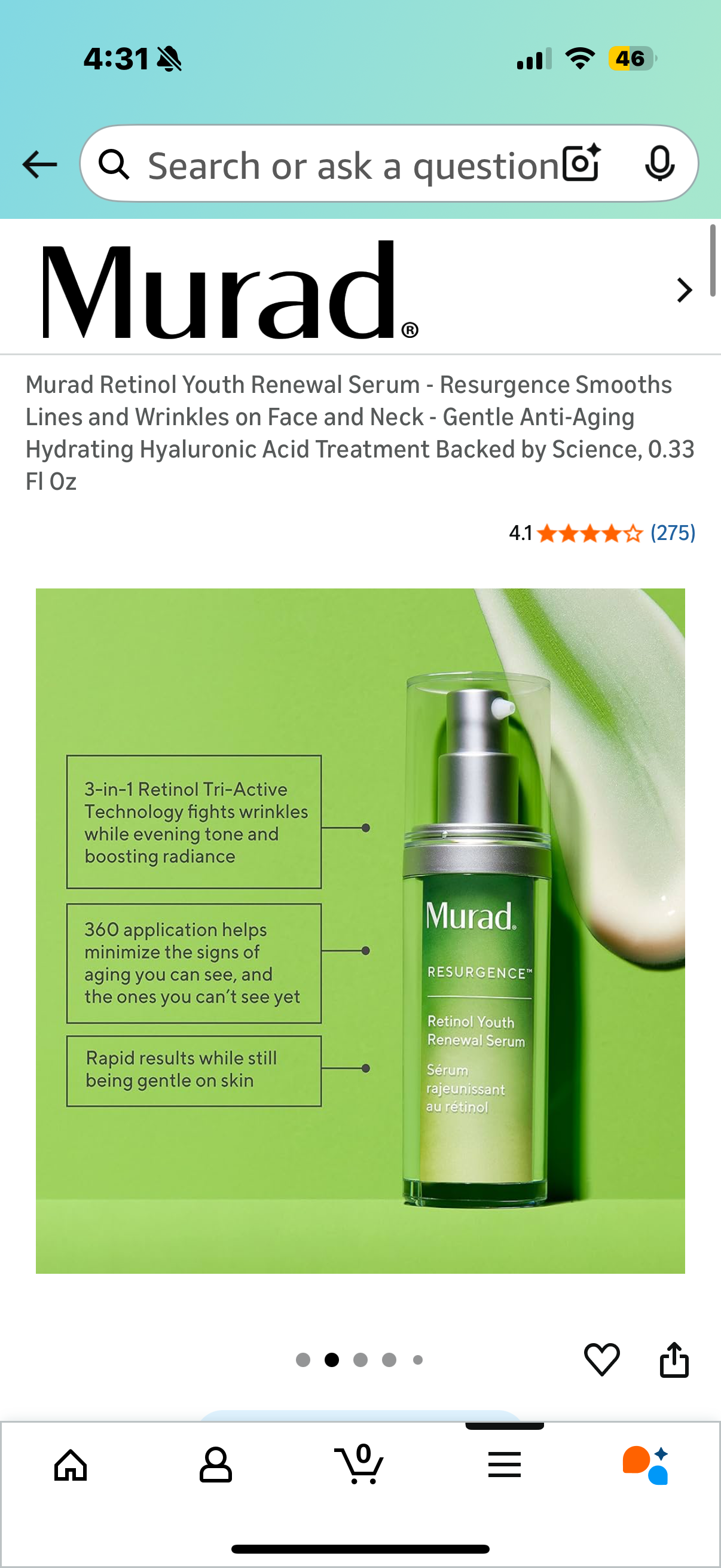 Murad Retinol Youth Renewal Serum - Resurgence Smooths Lines and Wrinkles on Face and Neck - Gentle Anti-Aging Hydrating Hyaluronic Acid Treatment Backed by Science, 0.33 Fl Oz