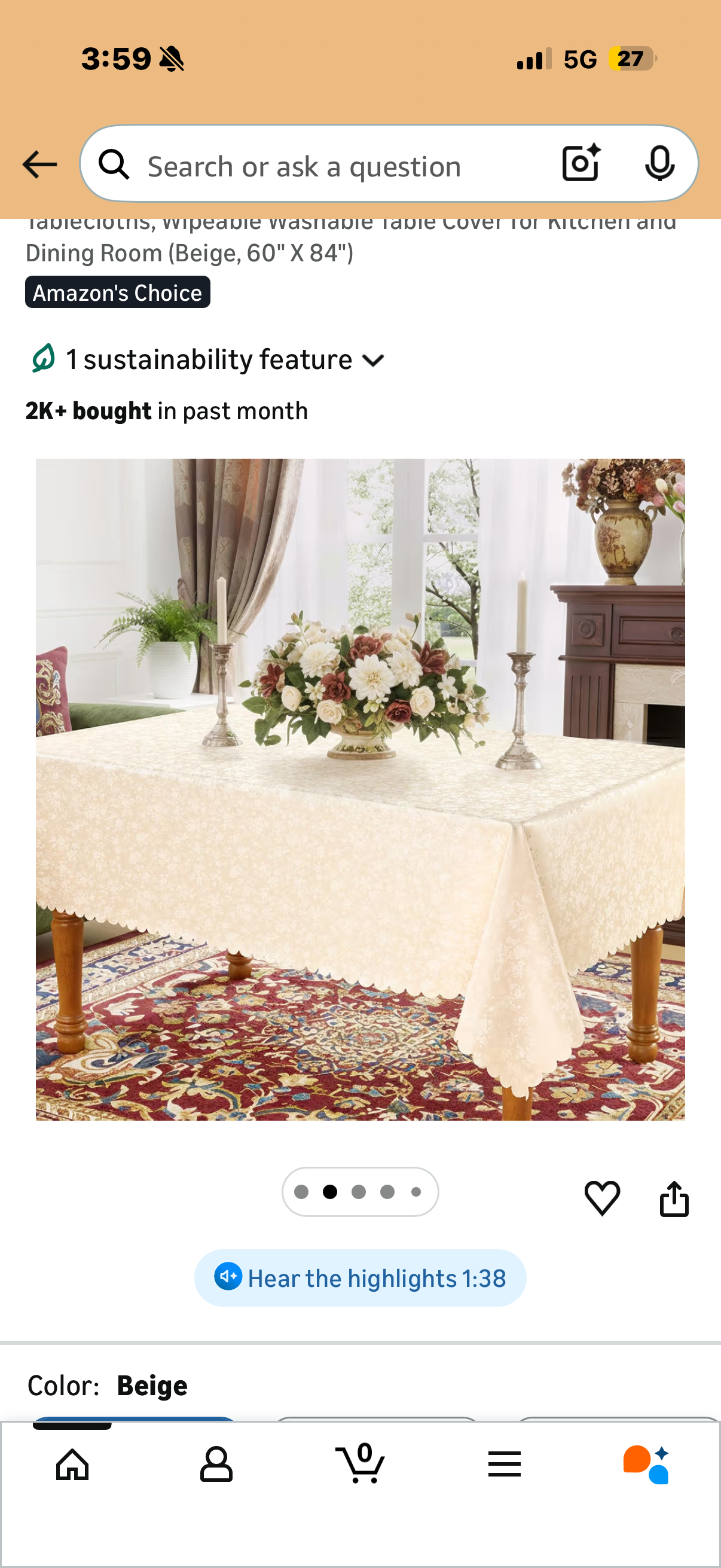 Smiry Rectangle Table Cloth, Waterproof Heavy Duty Vinyl Tablecloths, Wipeable Washable Table Cover for Kitchen and Dining Room (Beige, 60" X 84"