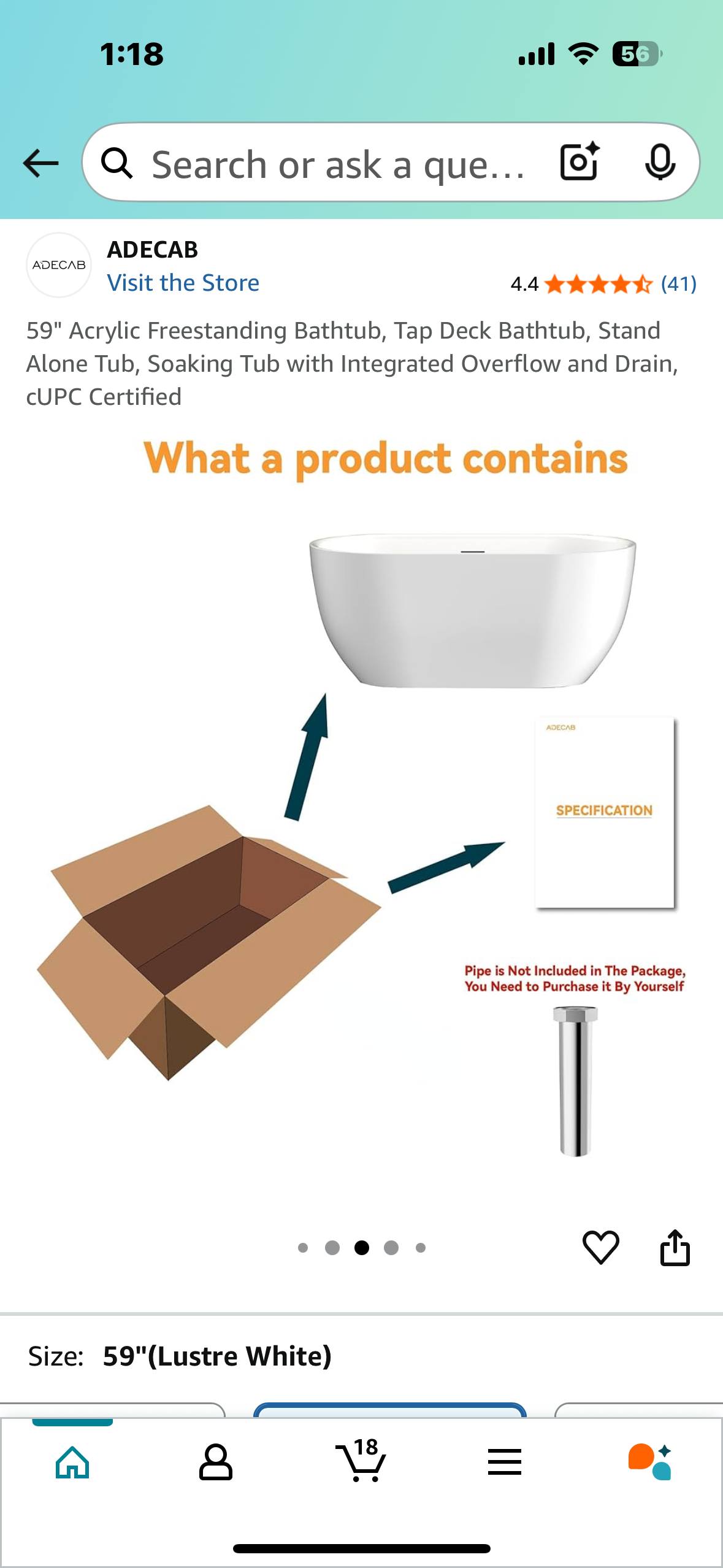 59" Acrylic Freestanding Bathtub, Tap Deck Bathtub, Soaking Tub with Integrated Overflow and Drain, CUPC Certified (R605)