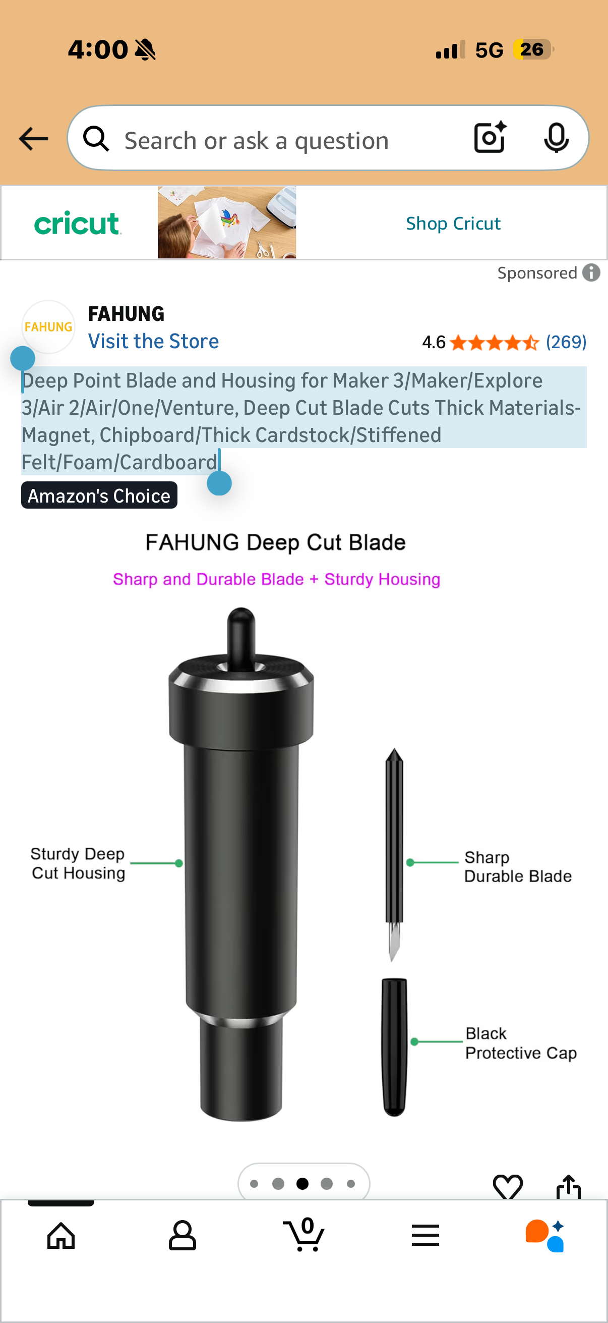 Deep Point Blade and Housing for Maker 3/Maker/Explore 3/Air 2/Air/One/Venture, Deep Cut Blade Cuts Thick Materials-Magnet, Chipboard/Thick Cardstock/Stiffened Felt/Foam/Cardboard