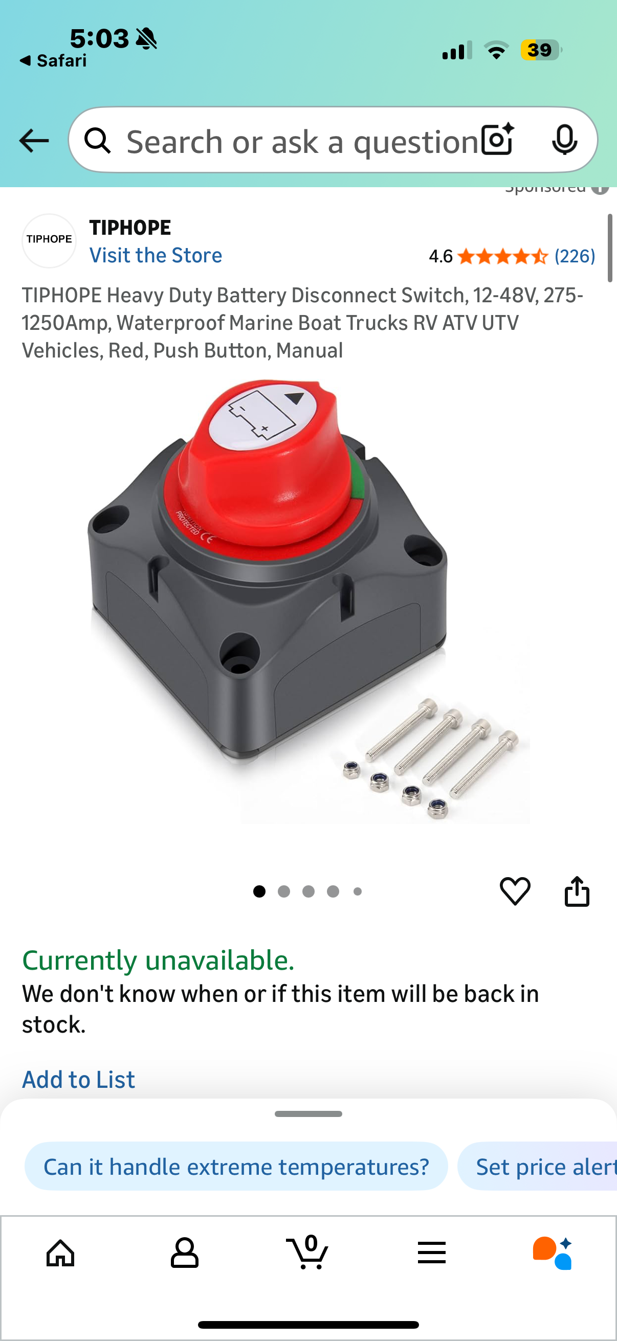 TIPHOPE Heavy Duty Battery Disconnect Switch, 12-48V, 275-1250Amp, Waterproof Marine Boat Trucks RV ATV UTV Vehicles, Red, Push Button, Manual