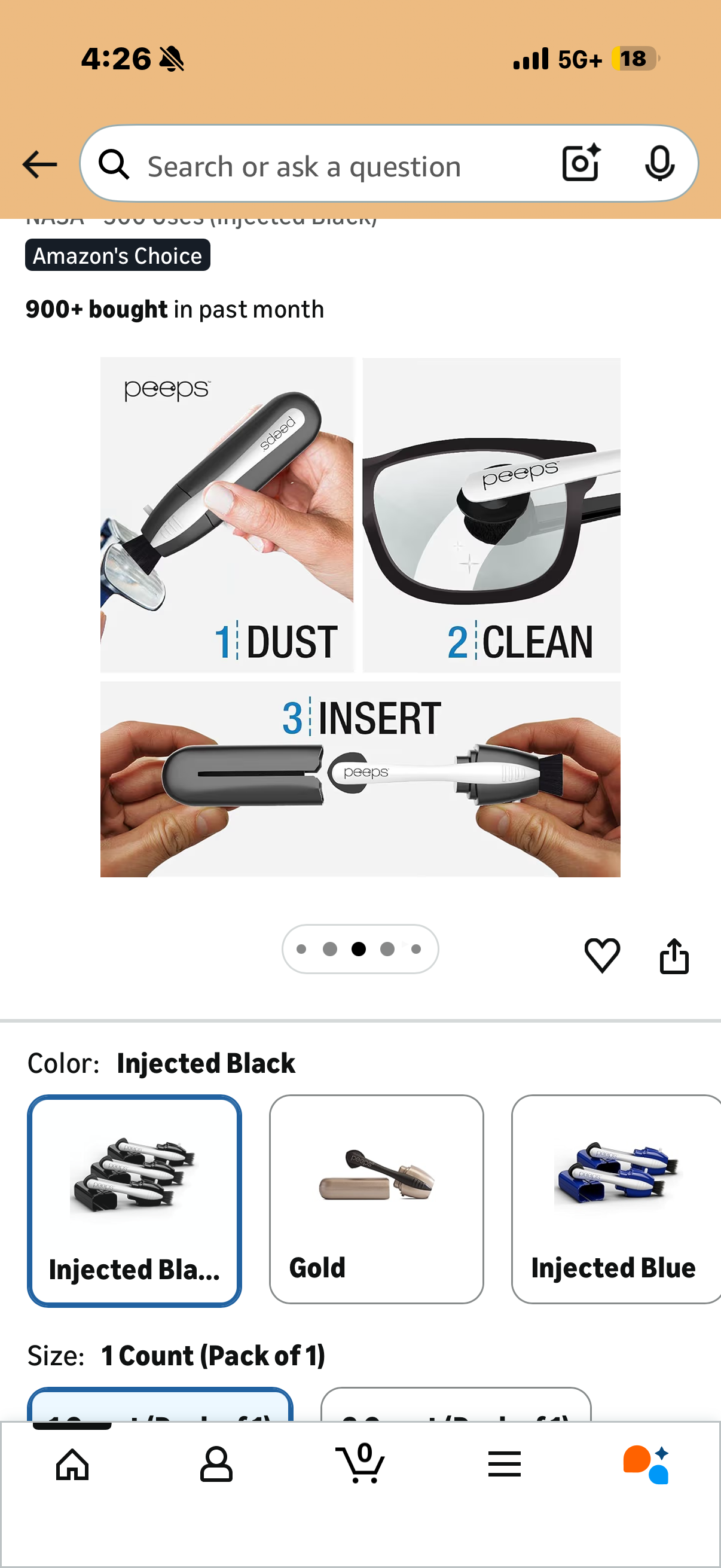 CarbonKlean Peeps Eyeglass Lens Cleaner - Efficient and Durable Carbon Microfiber Technology - Exclusively Used by NASA - 500 Uses (Injected Black