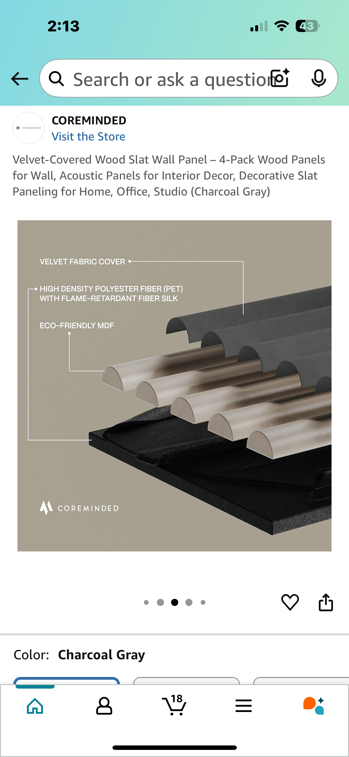 Velvet-Covered Wood Slat Wall Panel – 4-Pack Wood Panels for Wall, Acoustic Panels for Interior Decor, Decorative Slat Paneling for Home, Office, Studio (Charcoal Gray) (L949)