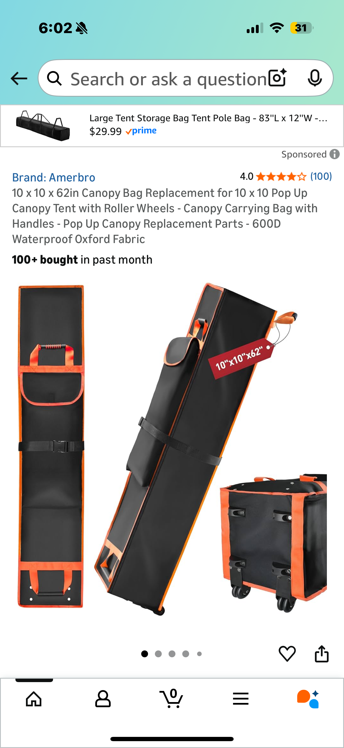 10 x 10 x 62in Canopy Bag Replacement for 10 x 10 Pop Up Canopy Tent with Roller Wheels - Canopy Carrying Bag with Handles - Pop Up Canopy Replacement Parts - 600D Waterproof Oxford Fabric