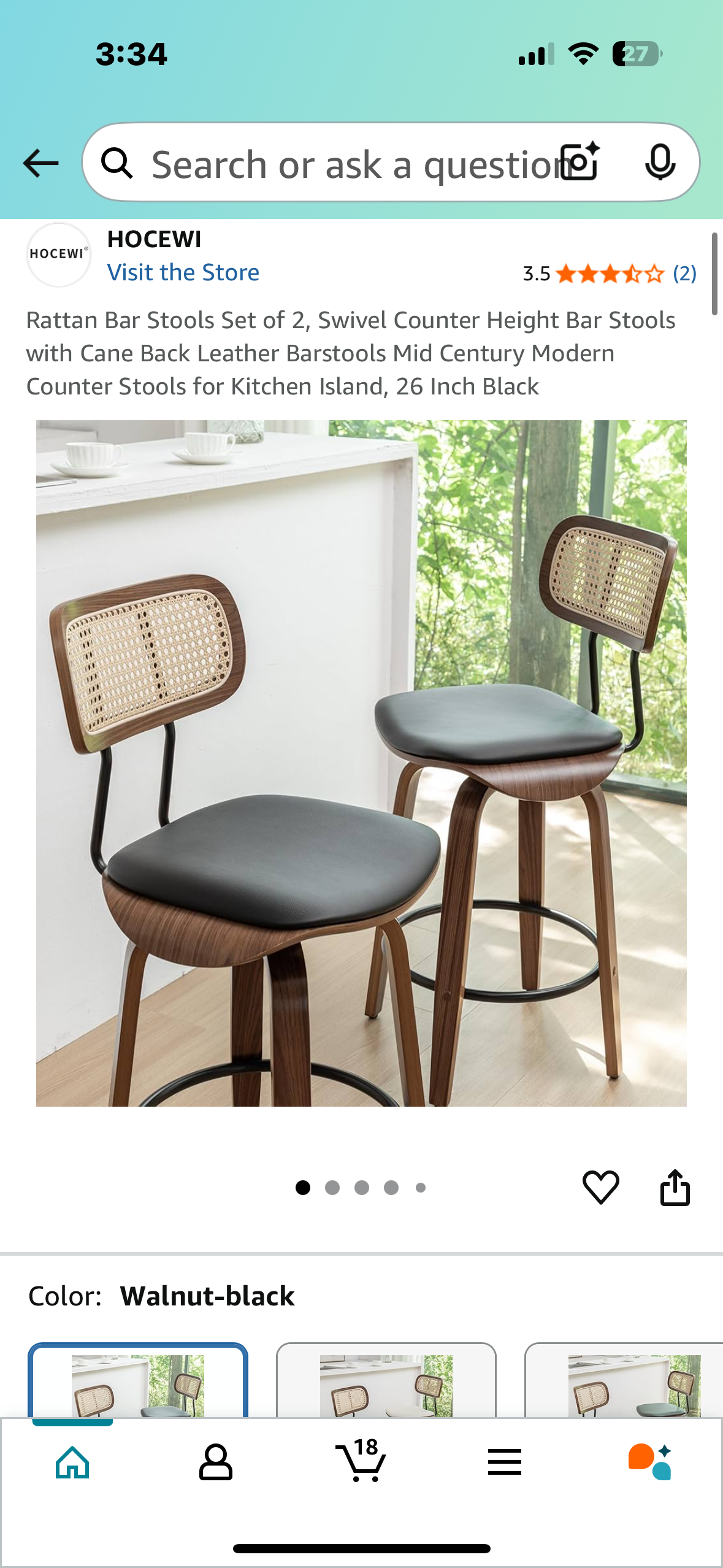 Rattan Bar Stools Set of 2, Swivel Counter Height Bar Stools with Cane Back Leather Barstools Mid Century Modern Counter Stools for Kitchen Island, 26 Inch Black (L950)