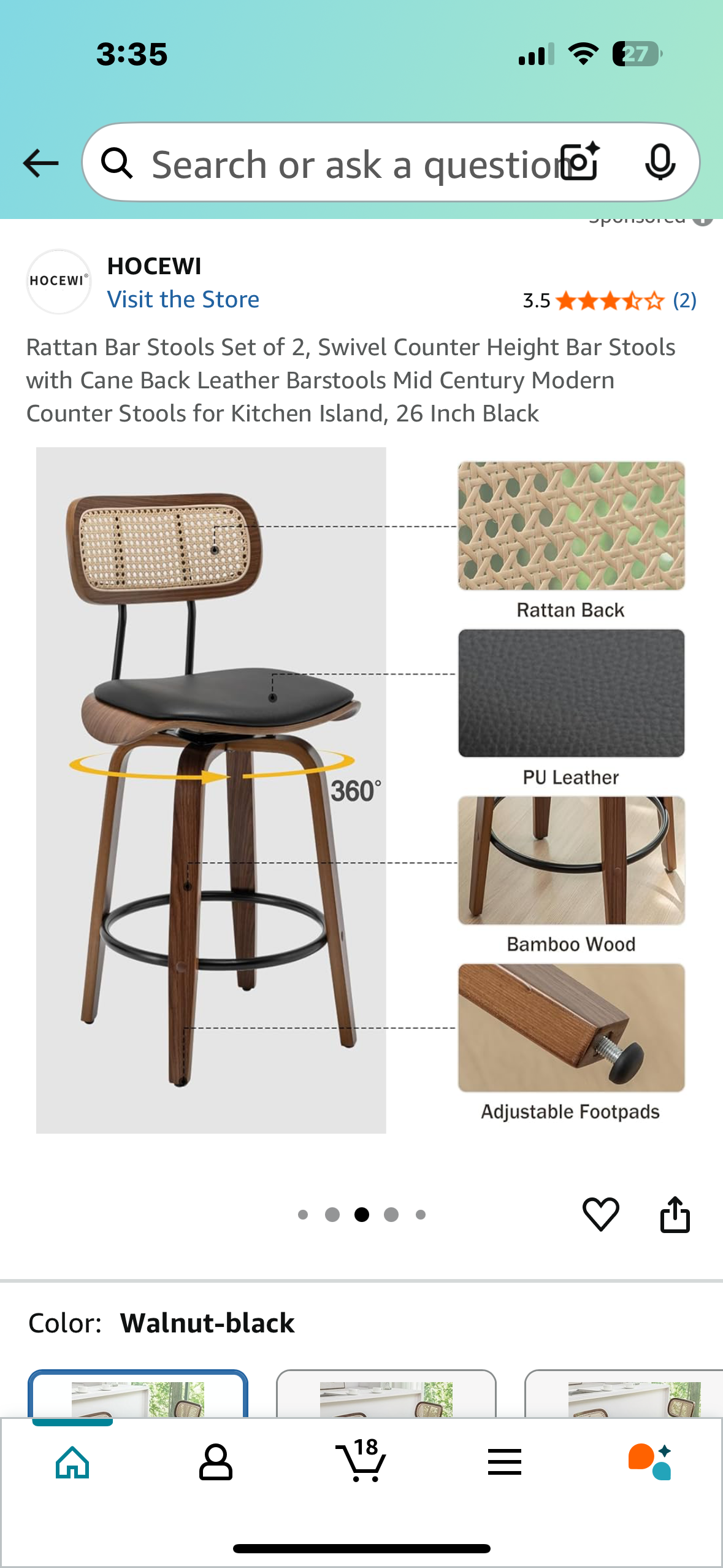 Rattan Bar Stools Set of 2, Swivel Counter Height Bar Stools with Cane Back Leather Barstools Mid Century Modern Counter Stools for Kitchen Island, 26 Inch Black (L950)