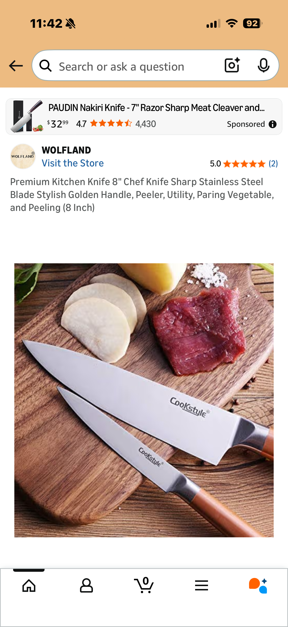 Premium Kitchen Knife 8" Chef Knife Sharp Stainless Steel Blade Stylish Golden Handle, Peeler, Utility, Paring Vegetable, and Peeling (8 Inch)