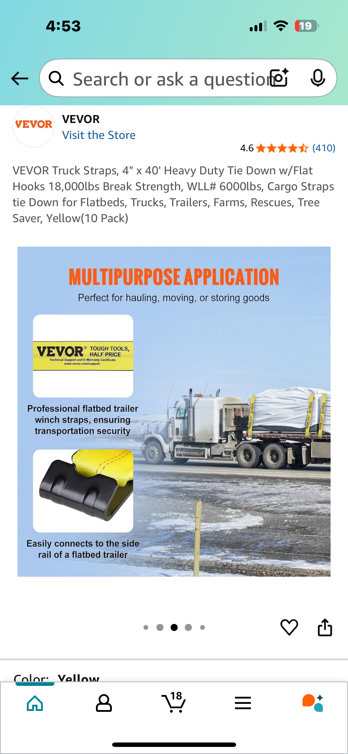 VEVOR Truck Straps, 4" x 40' Heavy Duty Tie Down w/Flat Hooks, 18,000lbs Break Strength, for Flatbeds, Trucks,Trailers, Farms, Rescues, Tree Saver, Yellow(10 Pack) (G809)
