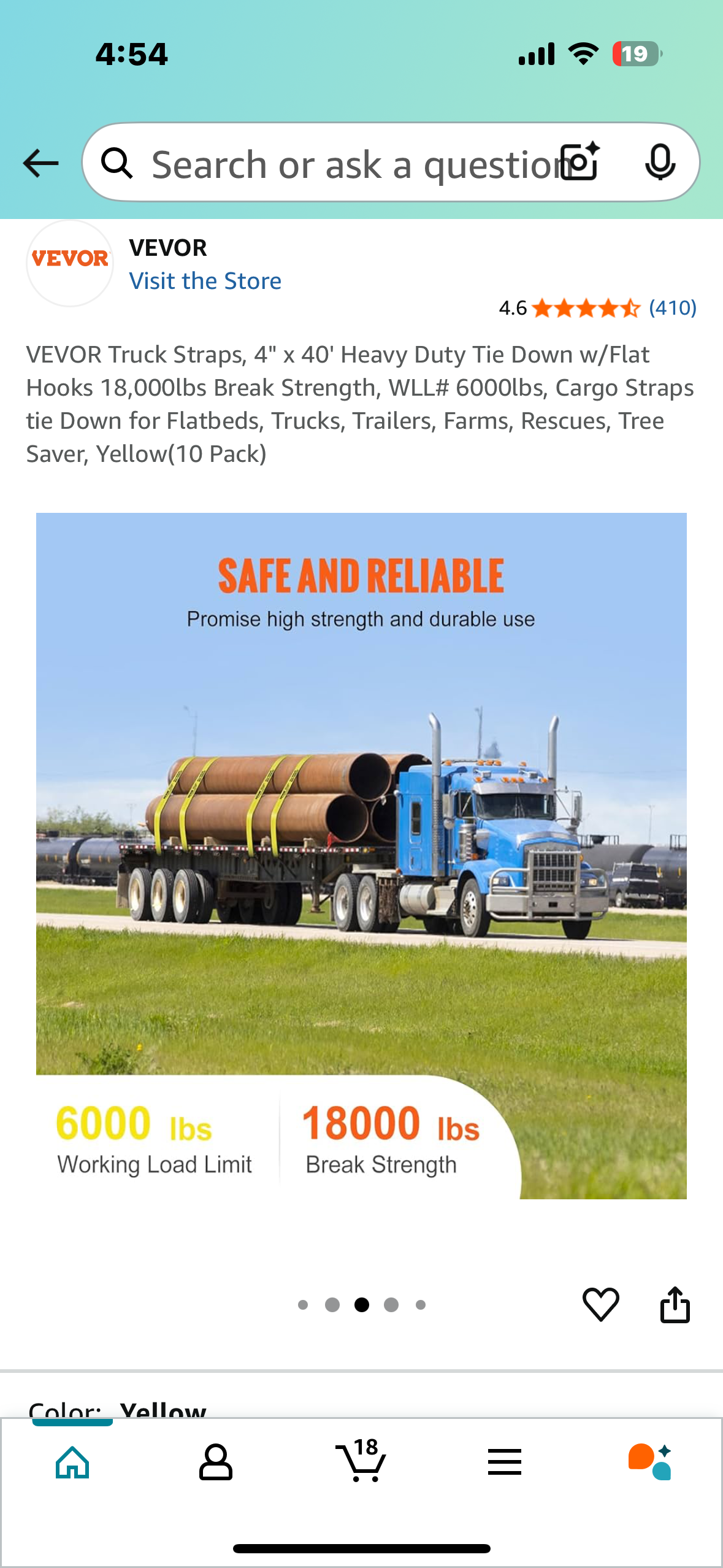 VEVOR Truck Straps, 4" x 40' Heavy Duty Tie Down w/Flat Hooks, 18,000lbs Break Strength, for Flatbeds, Trucks,Trailers, Farms, Rescues, Tree Saver, Yellow(10 Pack) (G809)