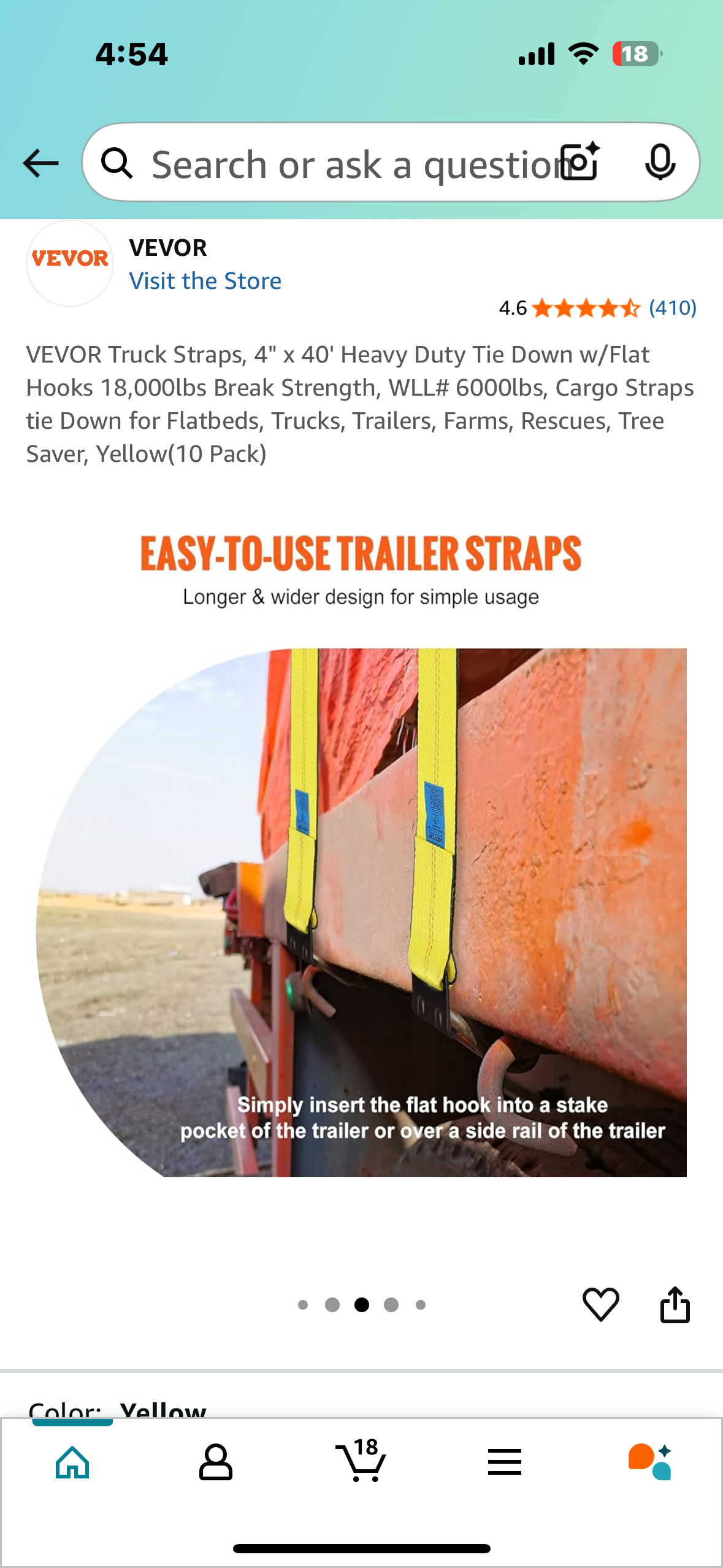 VEVOR Truck Straps, 4" x 40' Heavy Duty Tie Down w/Flat Hooks, 18,000lbs Break Strength, for Flatbeds, Trucks,Trailers, Farms, Rescues, Tree Saver, Yellow(10 Pack) (G809)