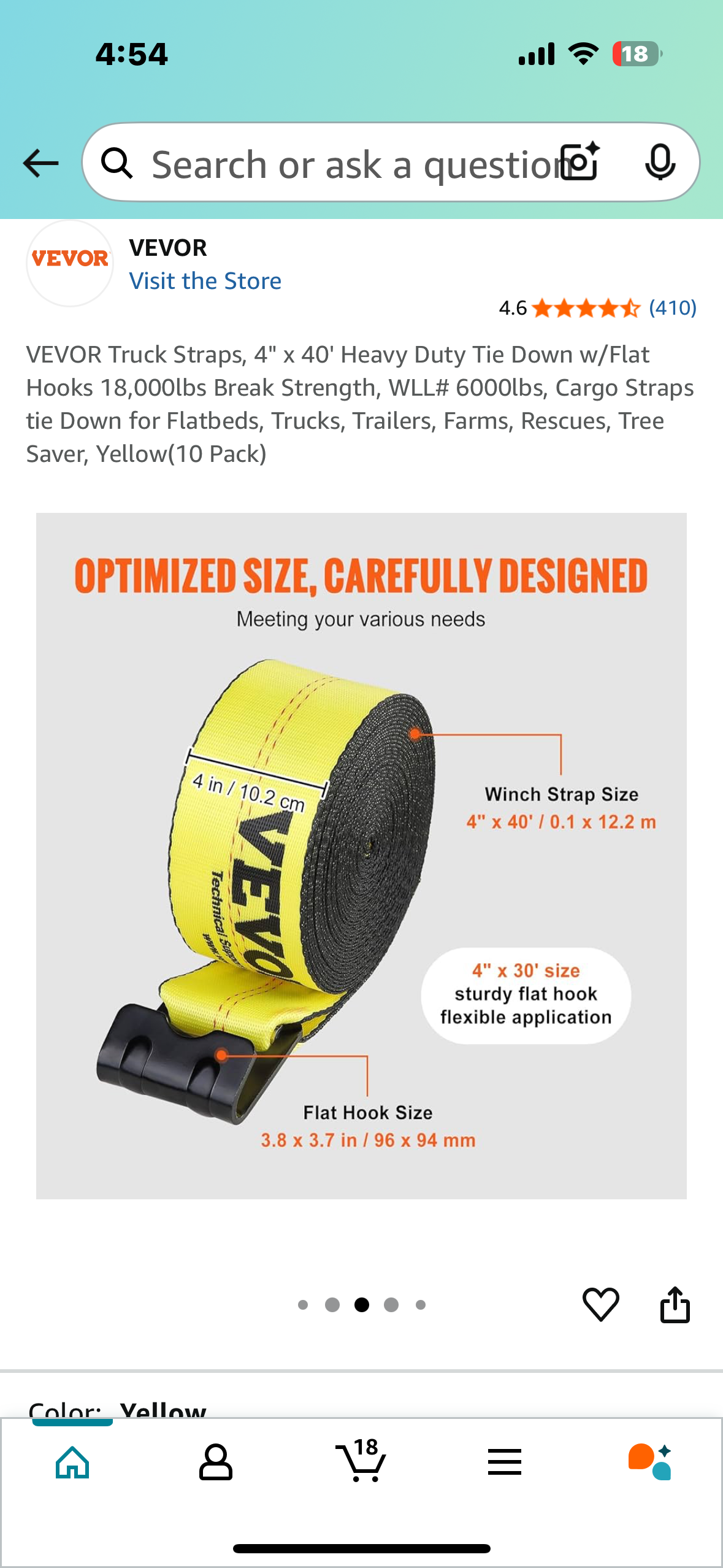 VEVOR Truck Straps, 4" x 40' Heavy Duty Tie Down w/Flat Hooks, 18,000lbs Break Strength, for Flatbeds, Trucks,Trailers, Farms, Rescues, Tree Saver, Yellow(10 Pack) (G809)