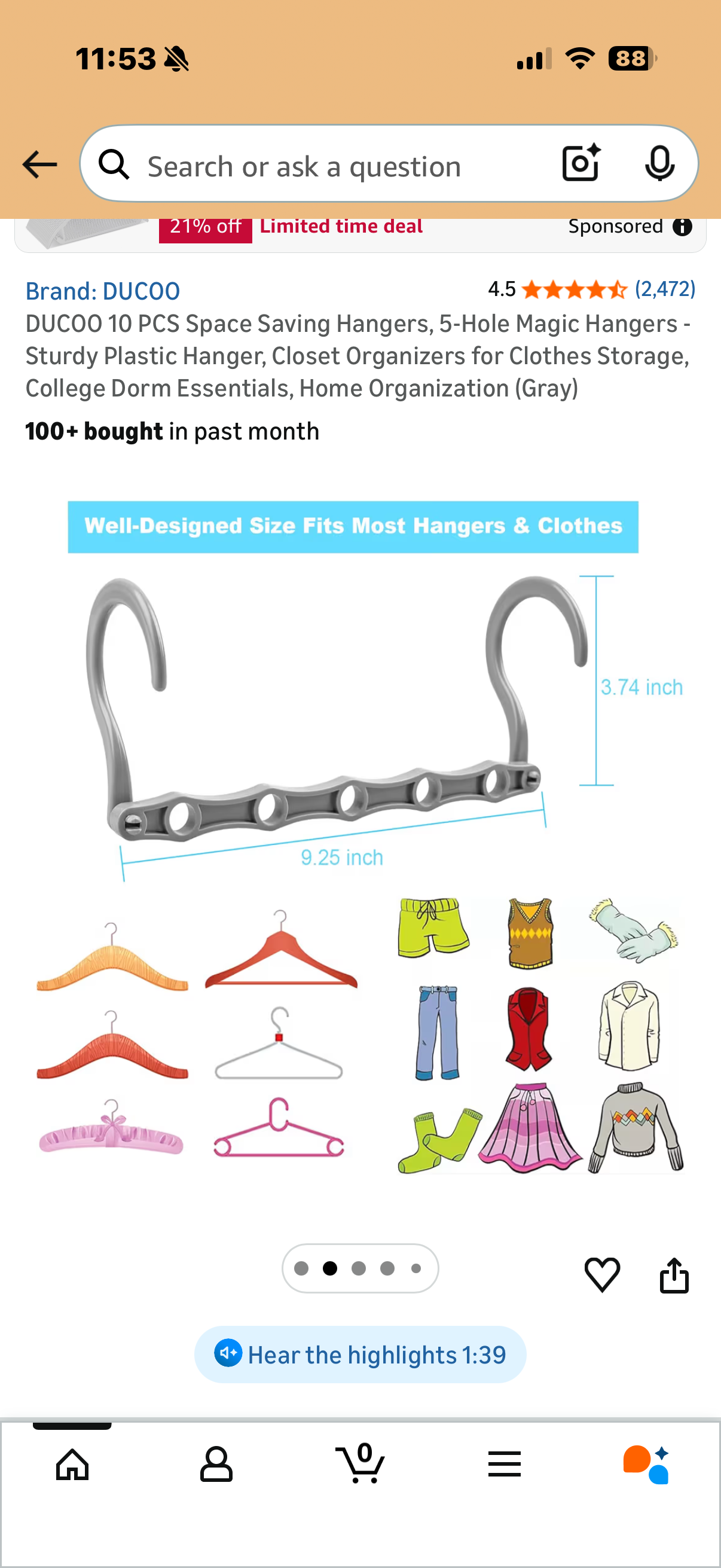 DUCOO 10 PCS Space Saving Hangers, 5-Hole Magic Hangers - Sturdy Plastic Hanger, Closet Organizers for Clothes Storage, College Dorm Essentials, Home Organization (Gray)