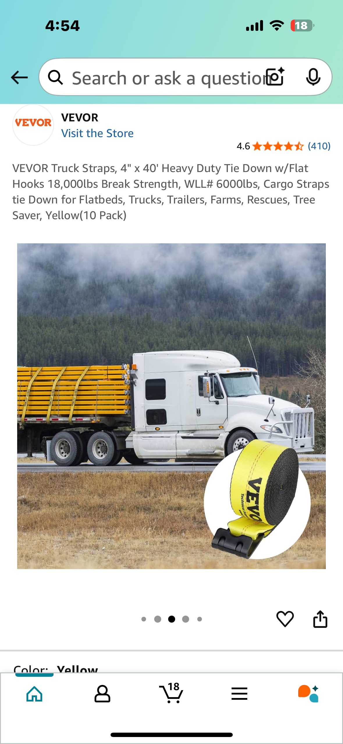 VEVOR Truck Straps, 4" x 40' Heavy Duty Tie Down w/Flat Hooks, 18,000lbs Break Strength, for Flatbeds, Trucks,Trailers, Farms, Rescues, Tree Saver, Yellow(10 Pack) (G809)