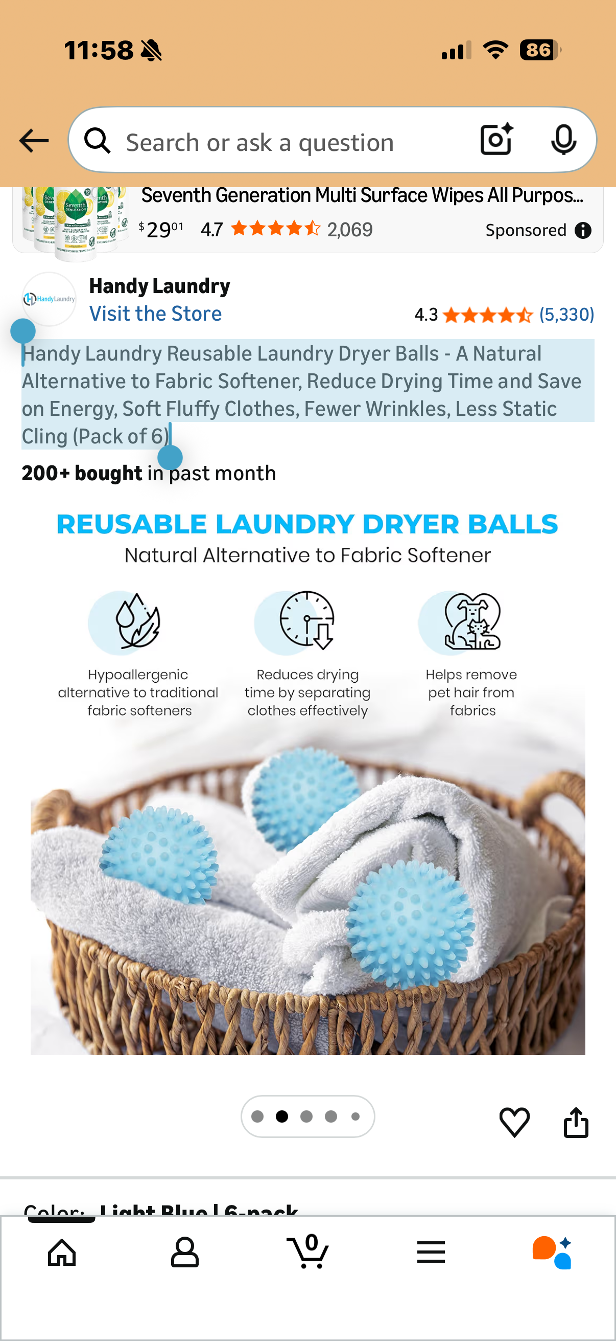 Handy Laundry Reusable Laundry Dryer Balls - A Natural Alternative to Fabric Softener, Reduce Drying Time and Save on Energy, Soft Fluffy Clothes, Fewer Wrinkles, Less Static Cling (Pack of 6)