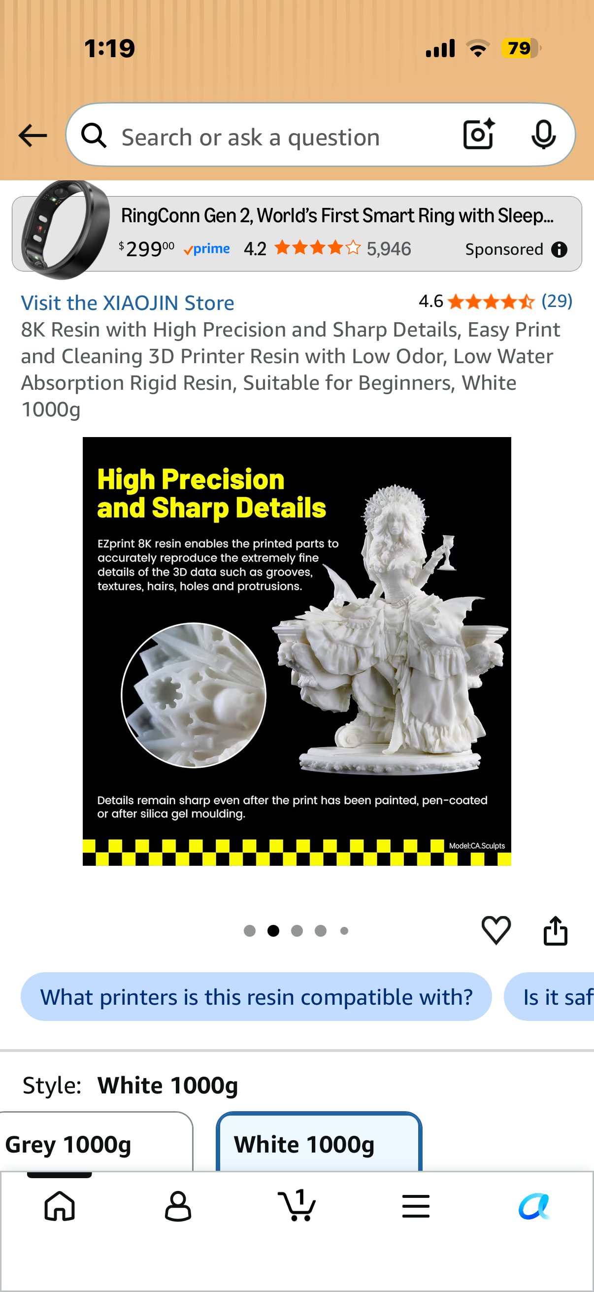 8K Resin with High Precision and Sharp Details, Easy Print and Cleaning 3D Printer Resin with Low Odor, Low Water Absorption Rigid Resin, Suitable for Beginners, White 1000g