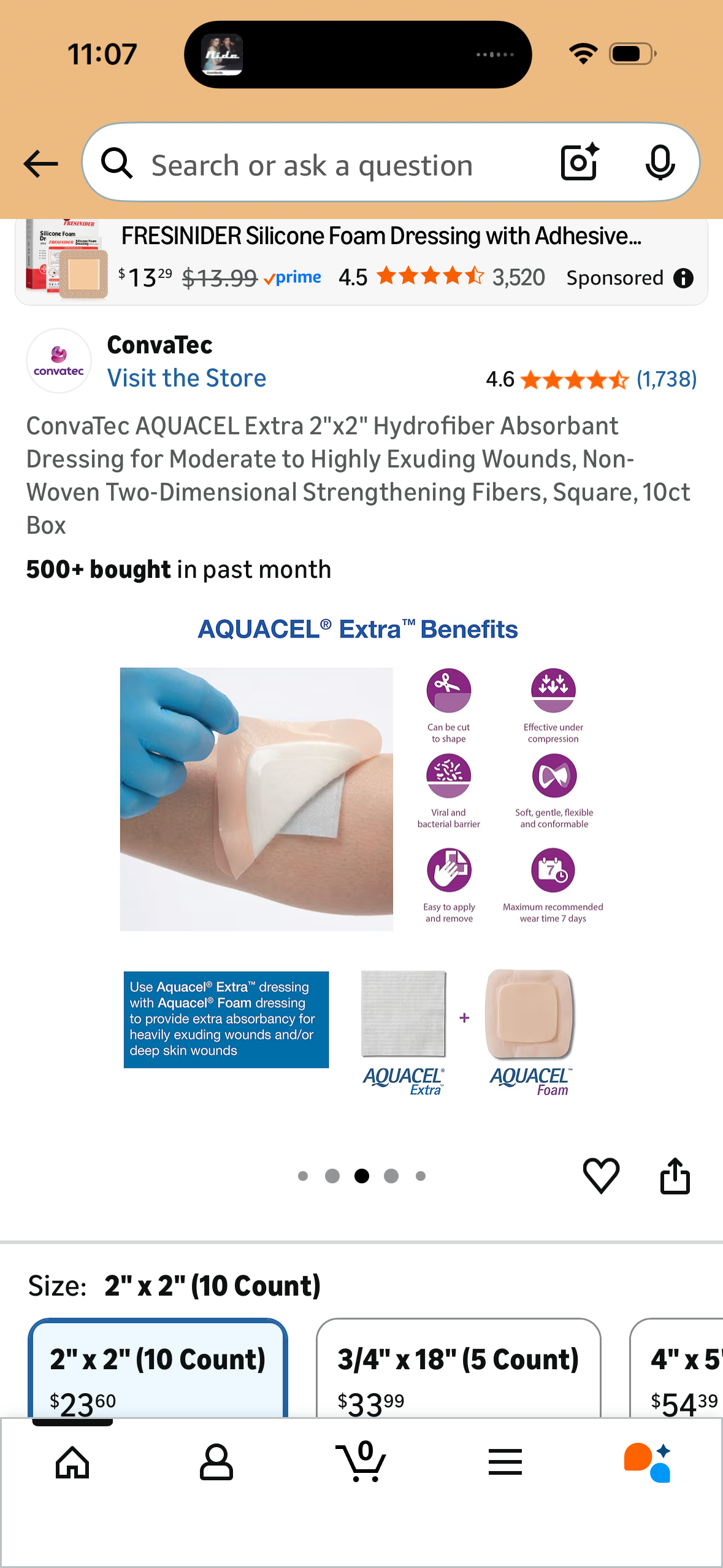 ConvaTec AQUACEL Extra 2"x2" Hydrofiber Absorbant Dressing for Moderate to Highly Exuding Wounds, Non-Woven Two-Dimensional Strengthening Fibers, Square, 10ct Box