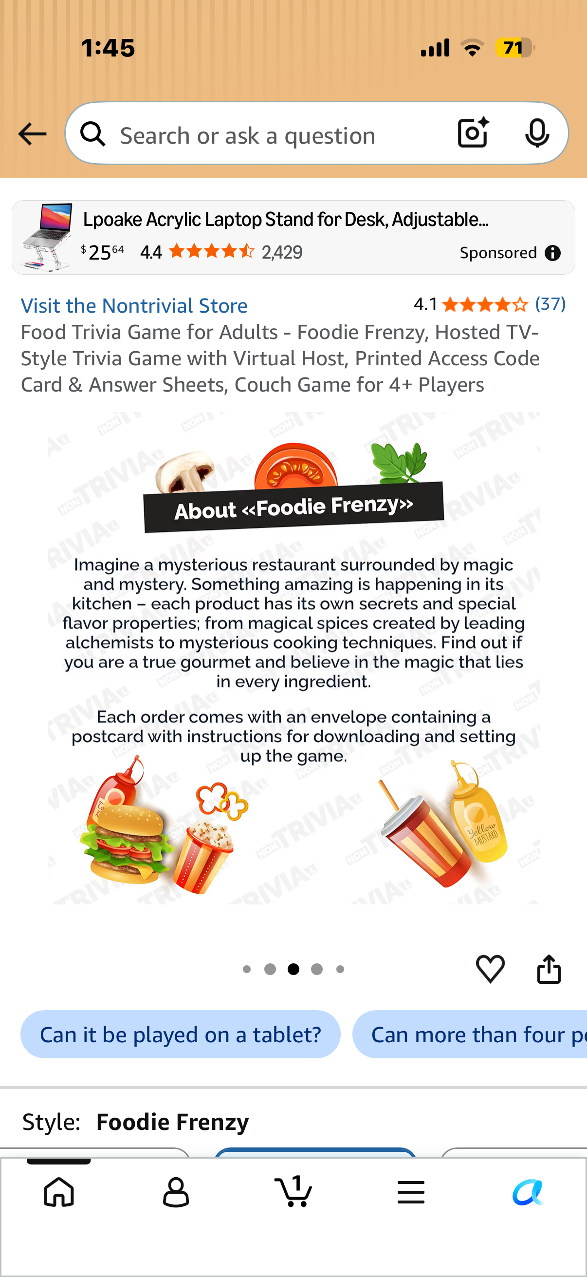 Food Trivia Game for Adults - Foodie Frenzy, Hosted TV-Style Trivia Game with Virtual Host, Printed Access Code Card & Answer Sheets, Couch Game for 4+ Players
