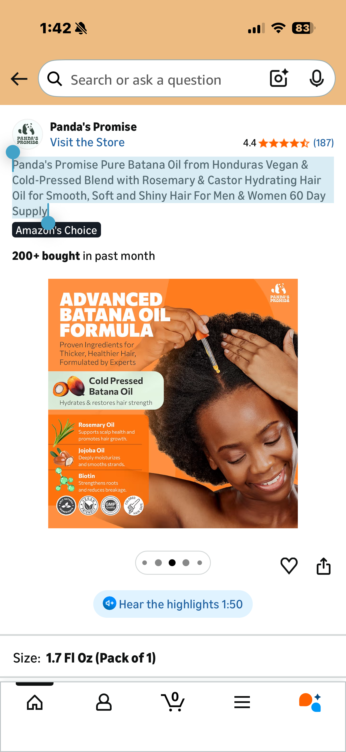 Panda's Promise Pure Batana Oil from Honduras Vegan & Cold-Pressed Blend with Rosemary & Castor Hydrating Hair Oil for Smooth, Soft and Shiny Hair For Men & Women 60 Day Supply