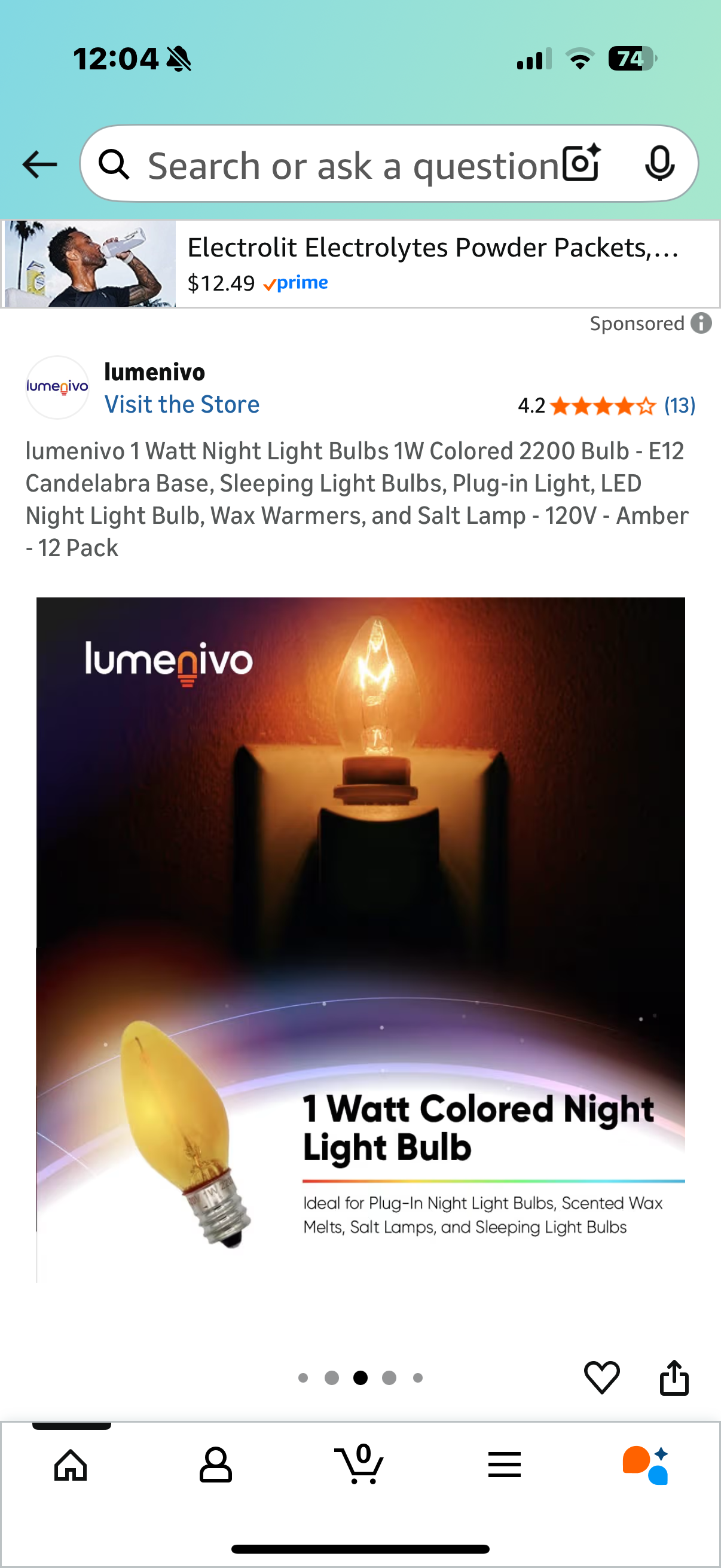 lumenivo 1 Watt Night Light Bulbs 1W Colored 2200 Bulb - E12 Candelabra Base, Sleeping Light Bulbs, Plug-in Light, LED Night Light Bulb, Wax Warmers, and Salt Lamp - 120V - Amber - 12 Pack