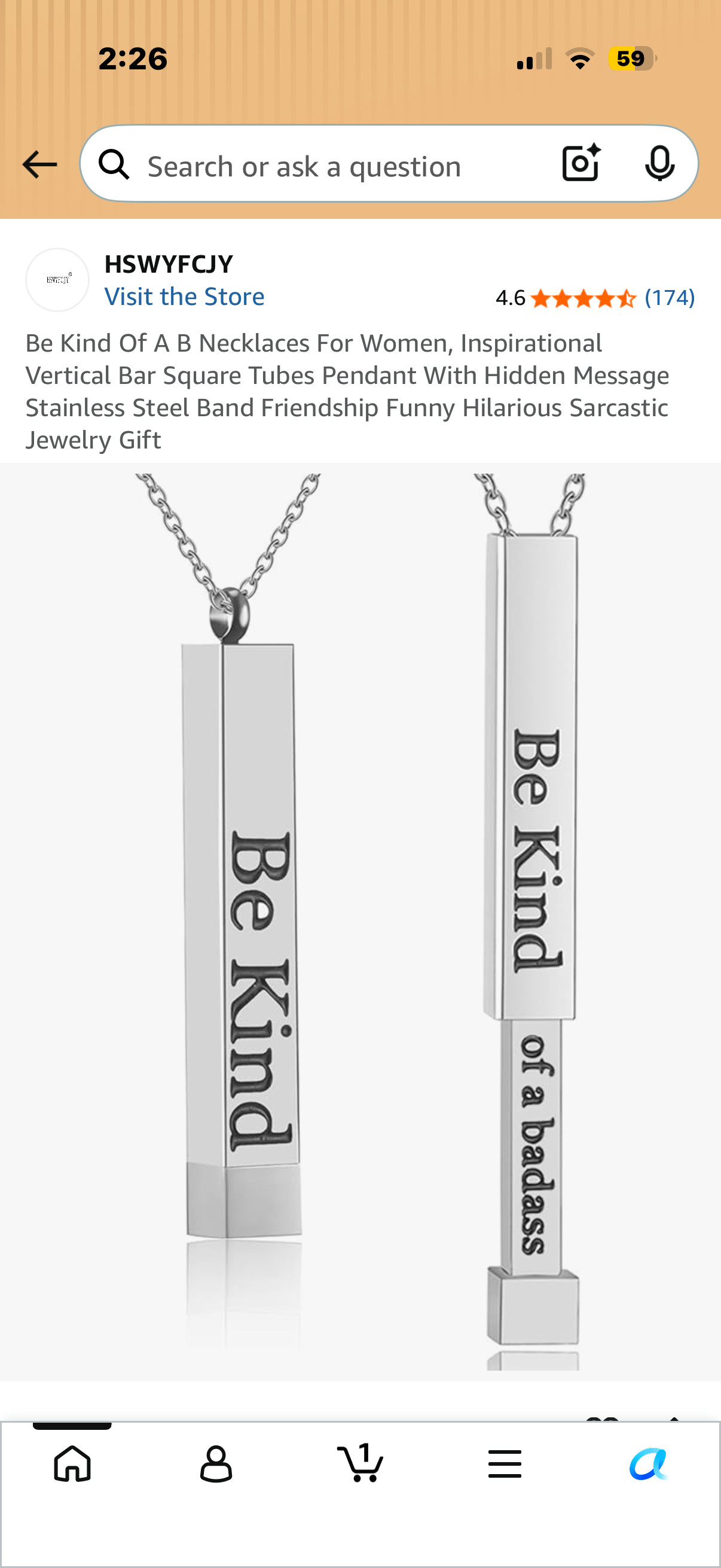 Be Kind Of A B Necklaces For Women, Inspirational Vertical Bar Square Tubes Pendant With Hidden Message Stainless Steel Band Friendship Funny Hilarious Sarcastic Jewelry