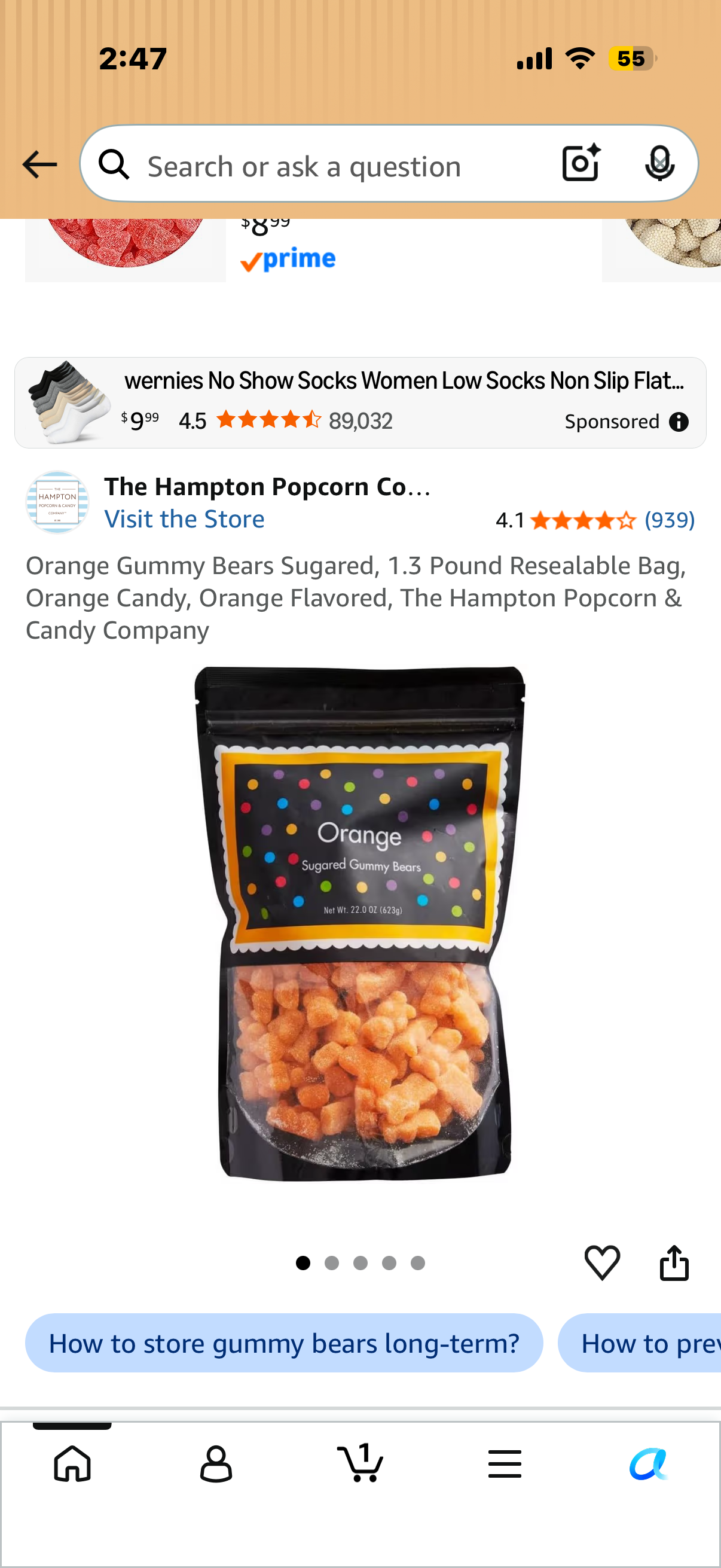 Orange Gummy Bears Sugared, 1.3 Pound Resealable Bag, Orange Candy, Orange Flavored, The Hampton Popcorn & Candy Company