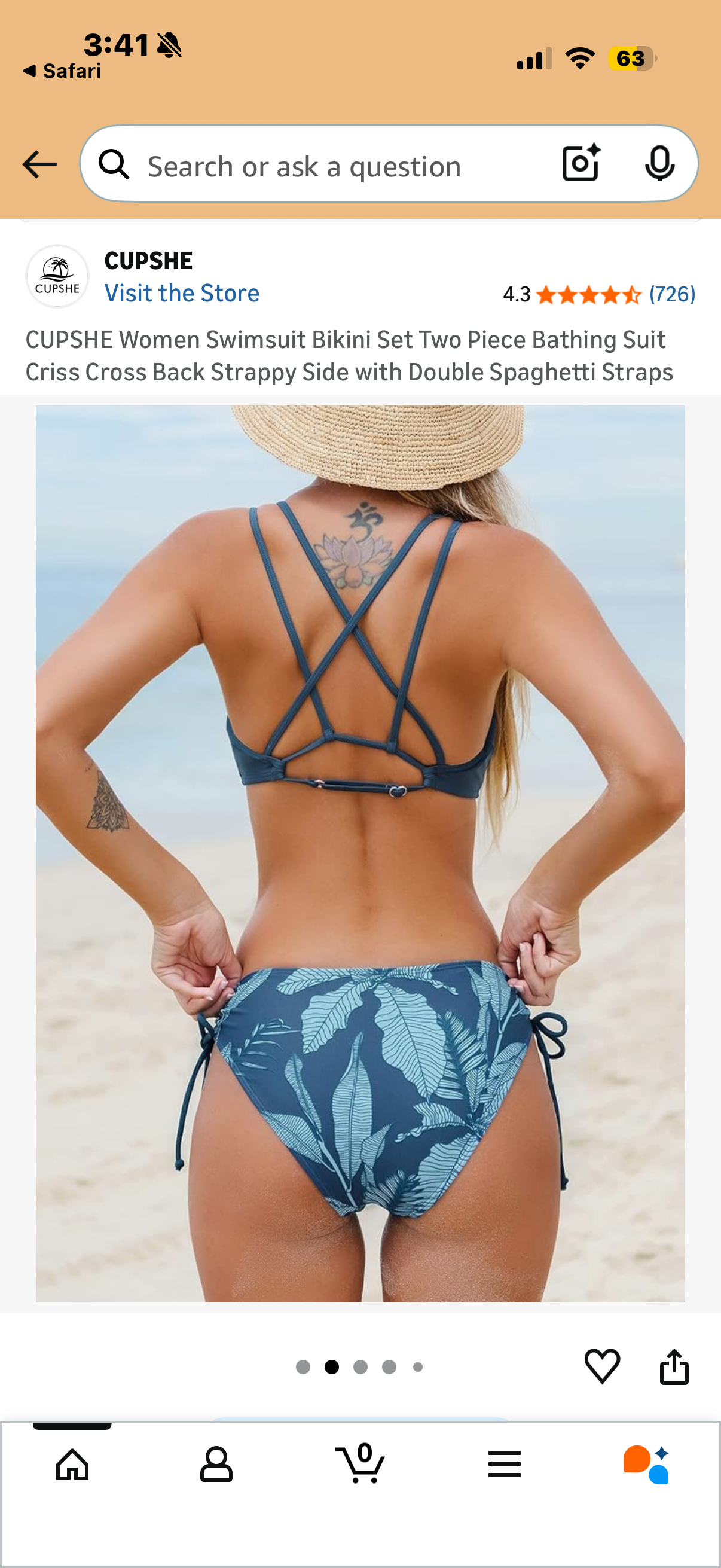 CUPSHE Women Swimsuit Bikini Set Two Piece Bathing Suit Criss Cross Back Strappy Side with Double Spaghetti Straps (Size Large)