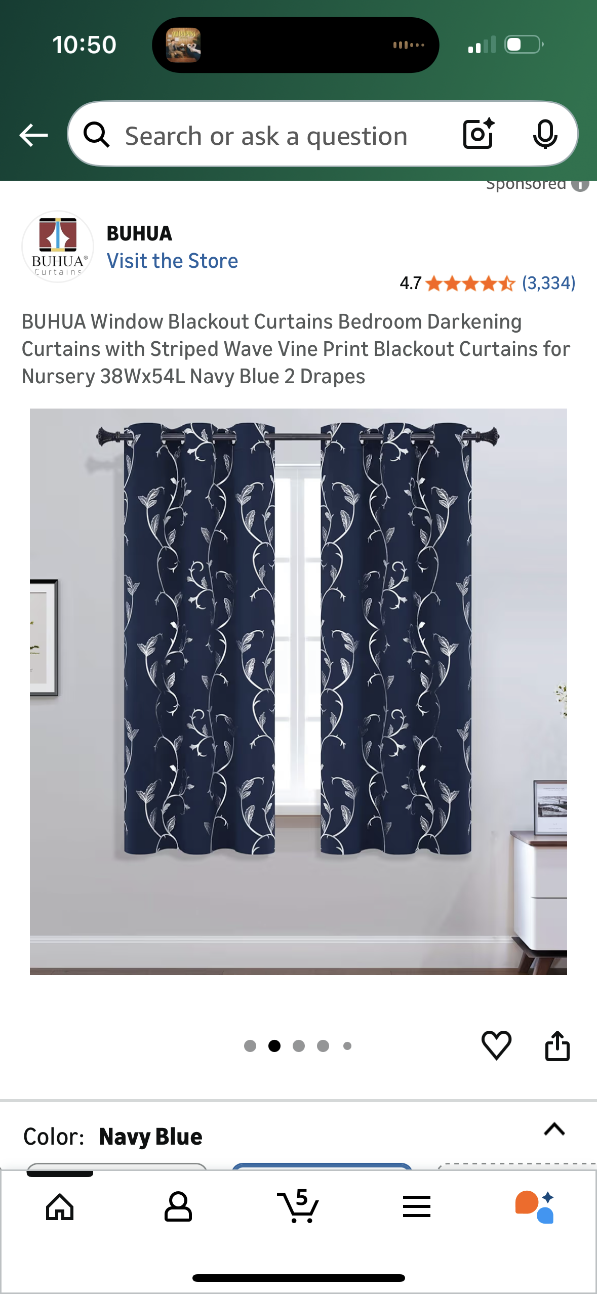 BUHUA Window Blackout Curtains Bedroom Darkening Curtains with Striped Wave Vine Print Blackout Curtains for Nursery 38Wx54L Navy Blue 2 Drapes