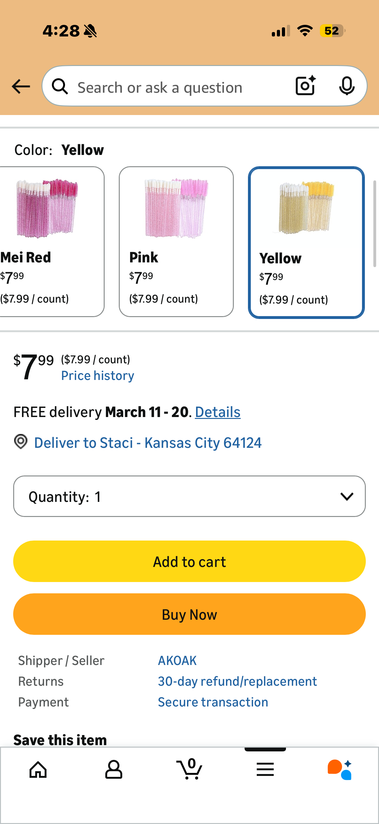 AKOAK 100 Pcs Disposable Lip Brush Eyelash Wand - Lip Gloss Brush Wand for Beauty Eyelash Extension, Lipstick Application Wand Makeup Beauty Kit (Yellow