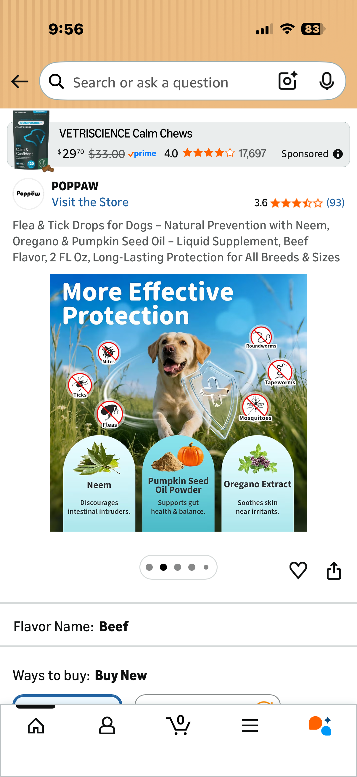 Flea & Tick Drops for Dogs – Natural Prevention with Neem, Oregano & Pumpkin Seed Oil – Liquid Supplement, Beef Flavor, 2 FL Oz, Long-Lasting Protection for All Breeds & Sizes