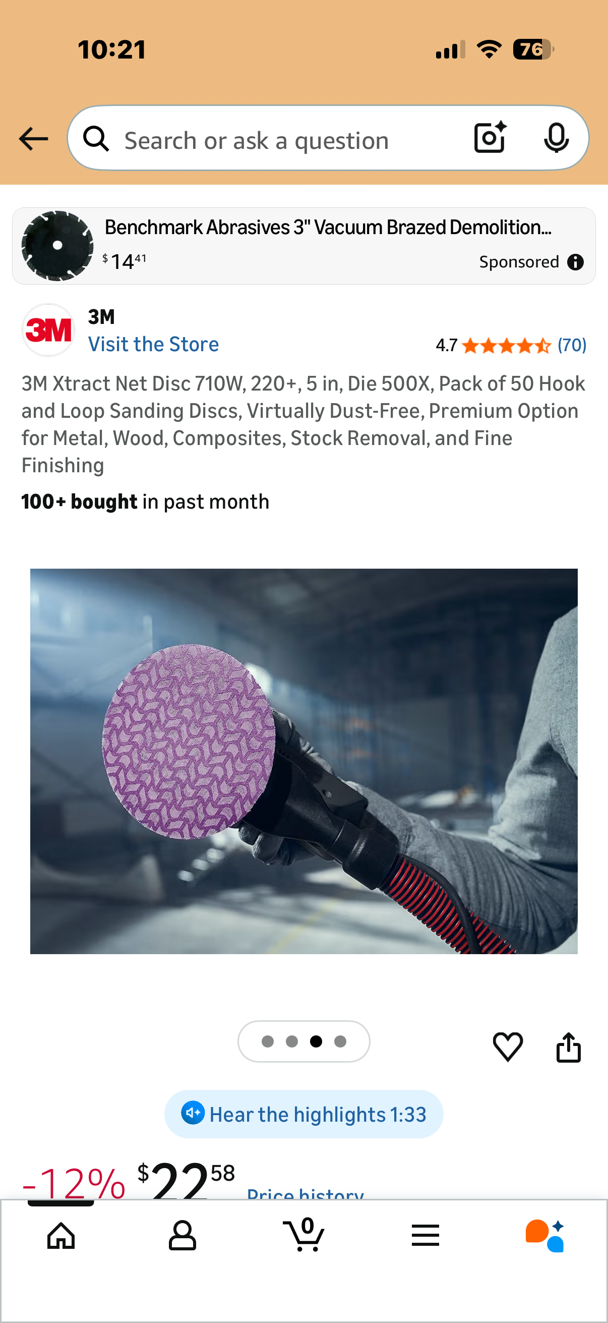 3M Xtract Net Disc 710W, 220+, 5 in, Die 500X, Pack of 50 Hook and Loop Sanding Discs, Virtually Dust-Free, Premium Option for Metal, Wood, Composites, Stock Removal, and Fine Finishing