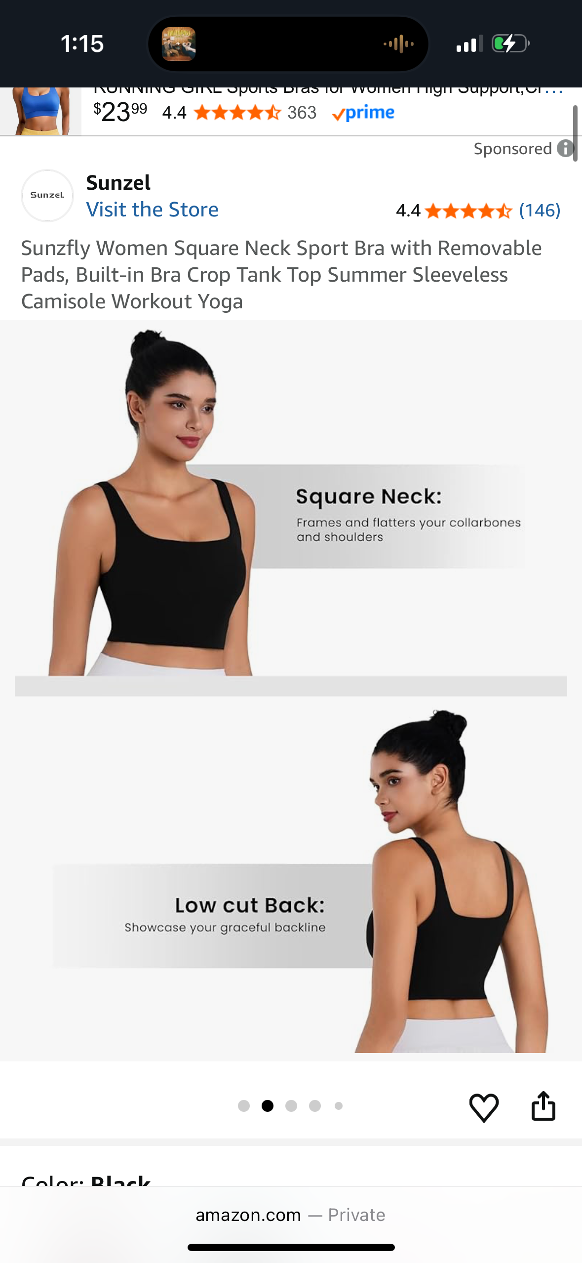 Women Square Neck Sport Bra with Removable Pads, Built-in Bra Crop Tank Top (Size Small)