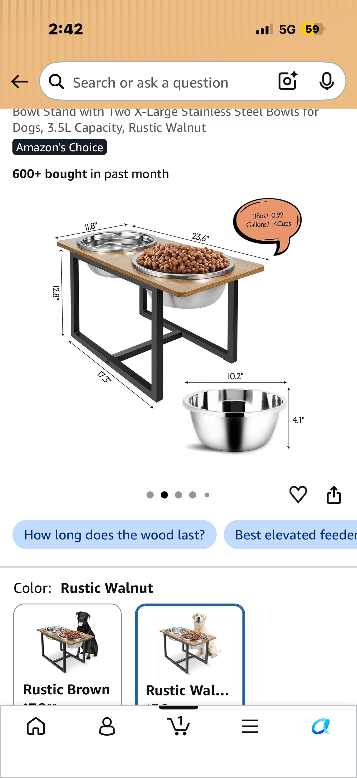 Spacnom Elevated Dog Bowls for Large Dogs, Raised Dog Bowl Stand with Two X-Large Stainless Steel Bowls for Dogs, 3.5L Capacity, Rustic Walnut