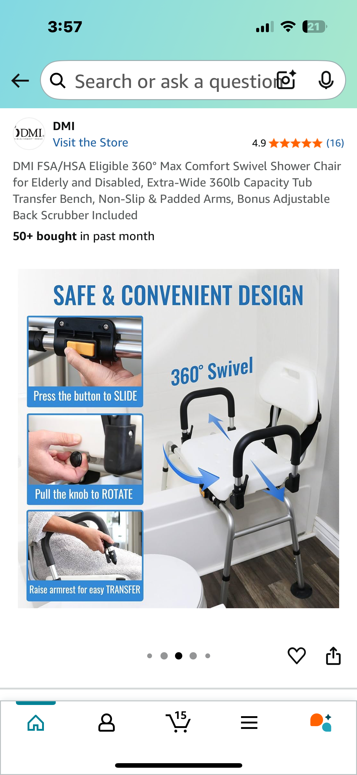 360° Max Comfort Swivel Shower Chair for Elderly and Disabled, Extra-Wide 360lb Capacity Transfer Bench, Non-Slip & Padded Arms (R611)