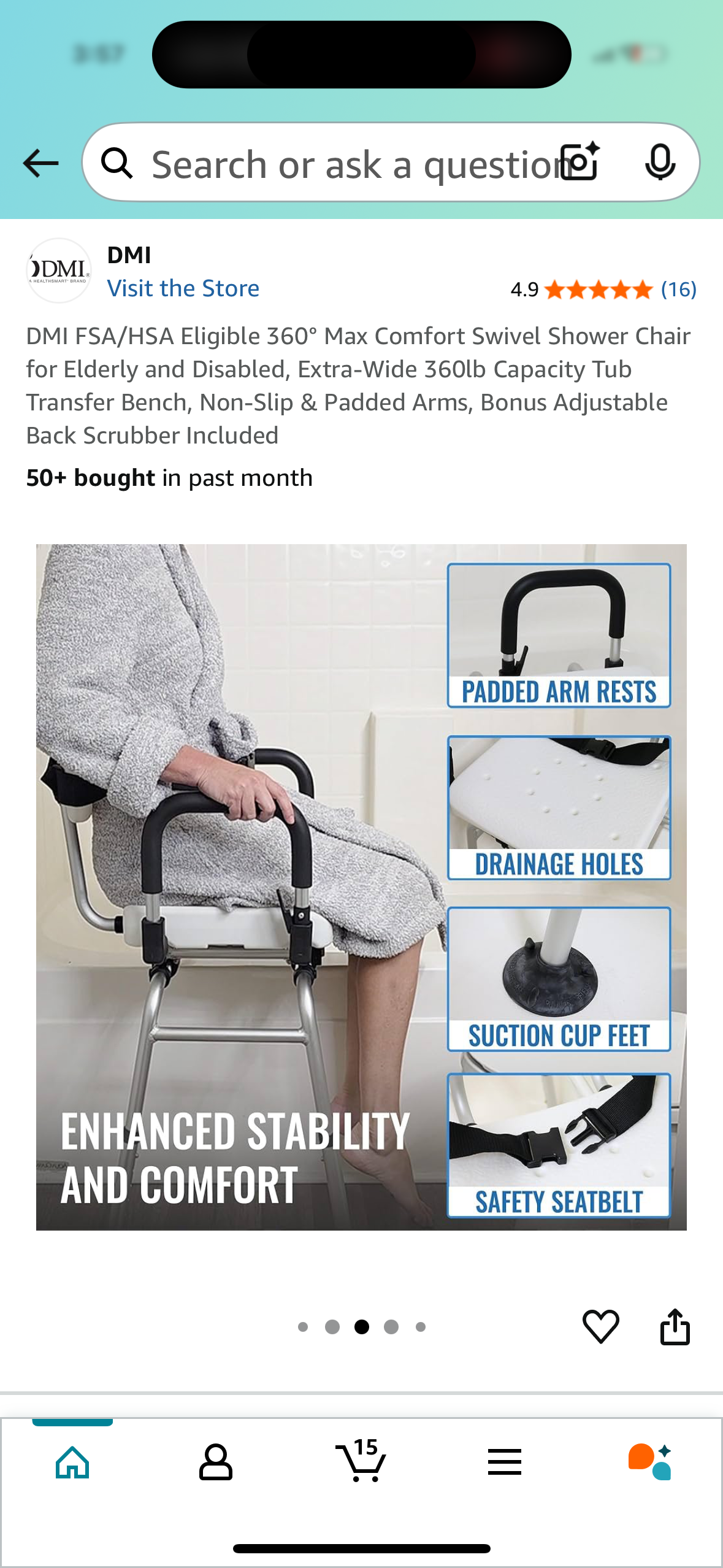 360° Max Comfort Swivel Shower Chair for Elderly and Disabled, Extra-Wide 360lb Capacity Transfer Bench, Non-Slip & Padded Arms (R611)