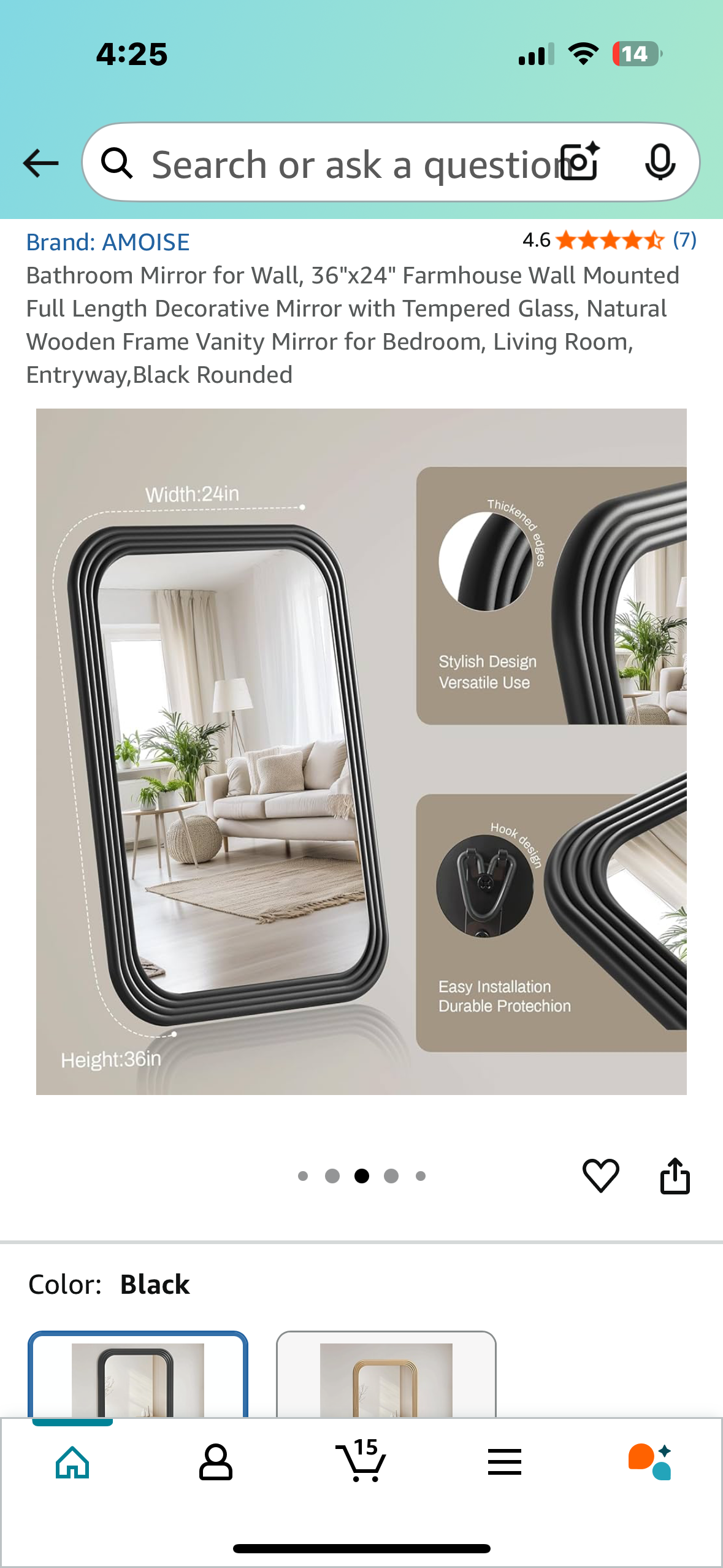 36"x24" Farmhouse Wall Mounted Decorative Mirror with Tempered Glass and Natural Wooden Frame, Vanity Mirror for Bedroom, Living Room, Entryway, Black Rounded (M373)